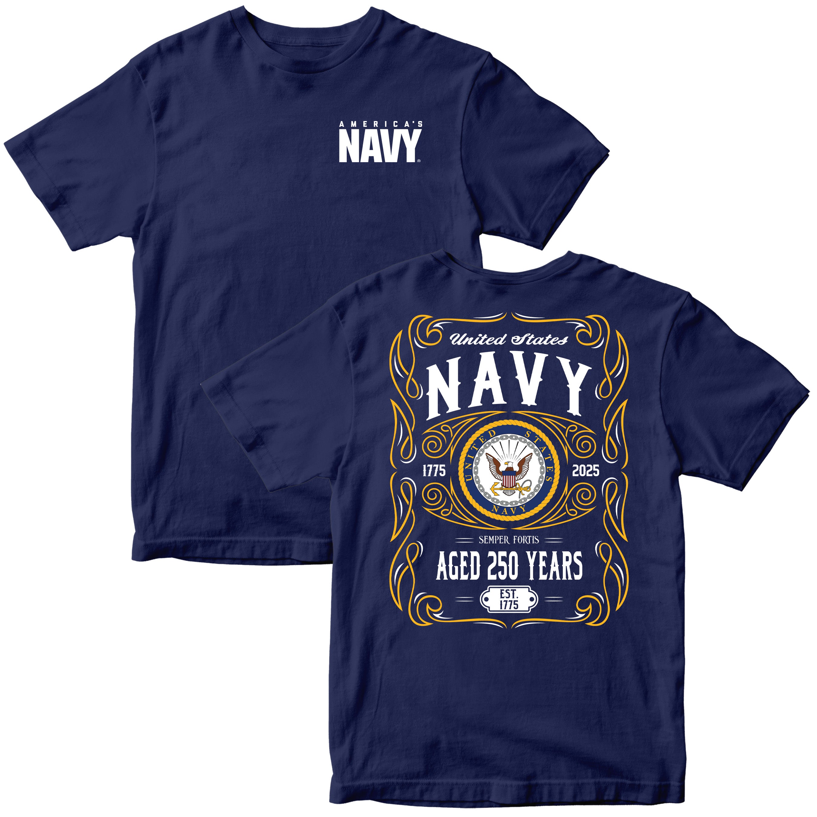 Navy short-sleeve tee with a vintage-style gold and white graphic commemorating the United States Navy’s 250th anniversary (1775–2025), featuring the Navy seal, the motto “Semper Fortis,” and ornate scrollwork.