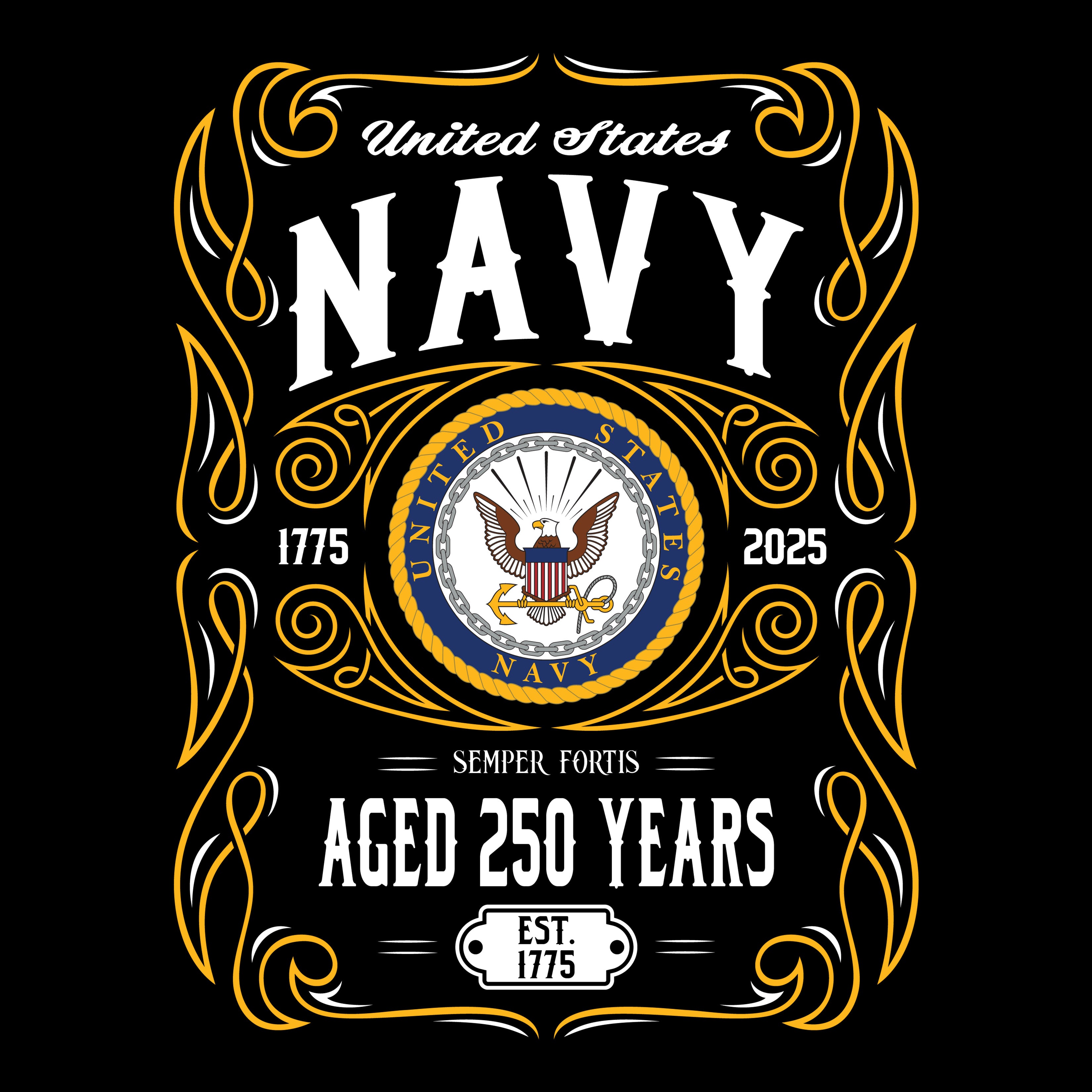 vintage-style gold and white graphic commemorating the United States Navy’s 250th anniversary (1775–2025), featuring the Navy seal, the motto “Semper Fortis,” and ornate scrollwork.