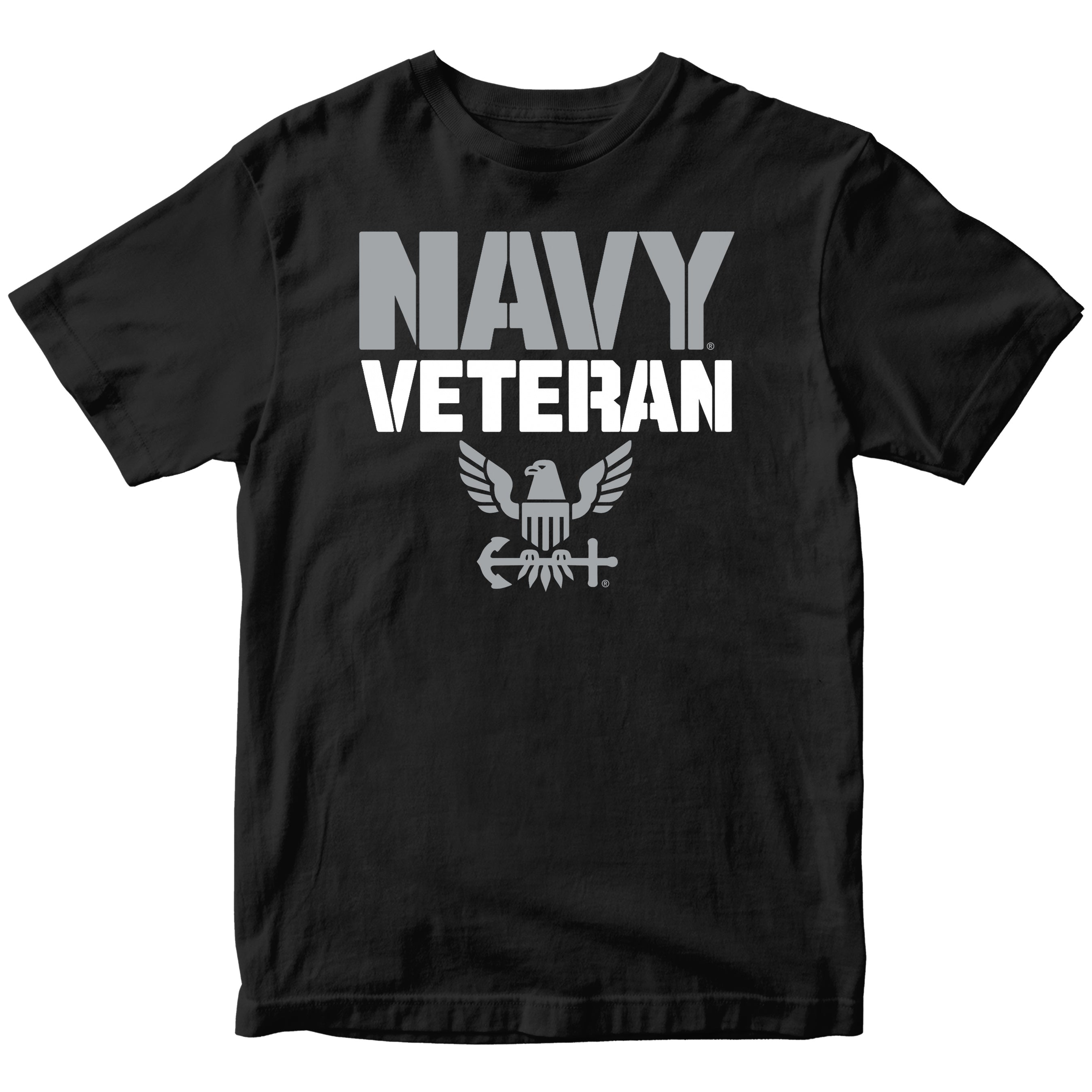 Black U.S. Navy Veteran t-shirt featuring gray NAVY text, white VETERAN lettering, and eagle crest