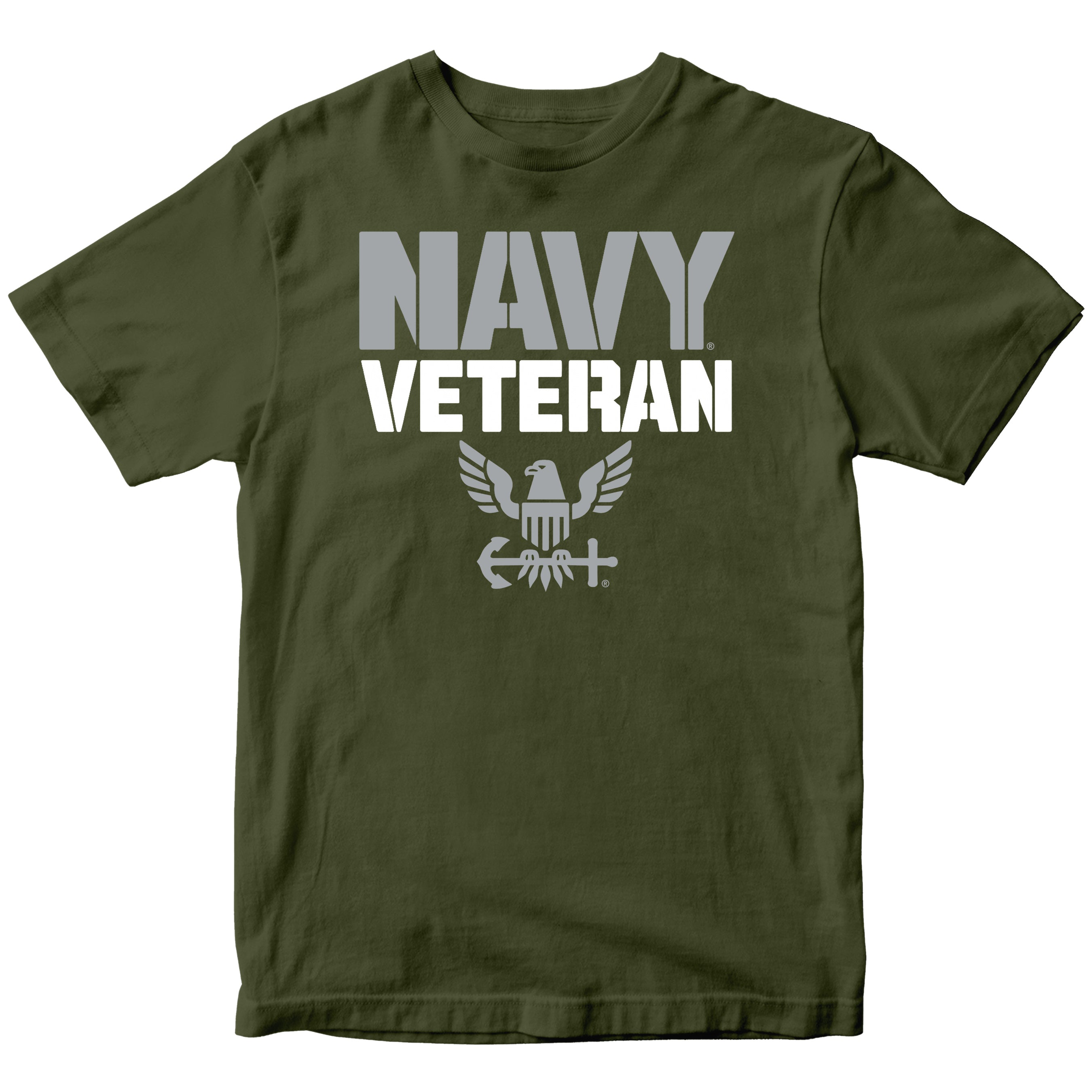 green U.S. Navy Veteran t-shirt featuring gray NAVY text, white VETERAN lettering, and eagle crest