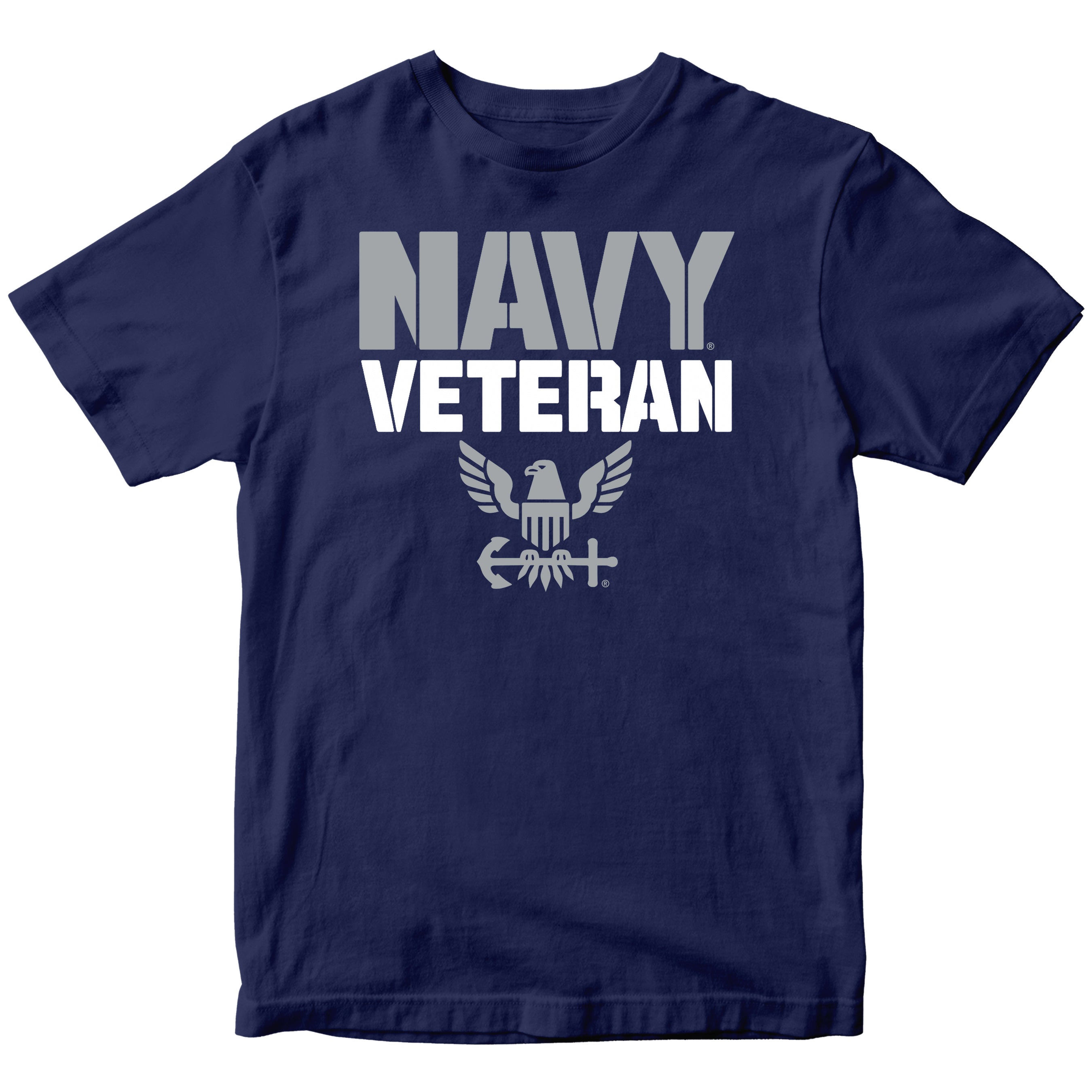 U.S. Navy Veteran t-shirt featuring gray NAVY text, white VETERAN lettering, and eagle crest