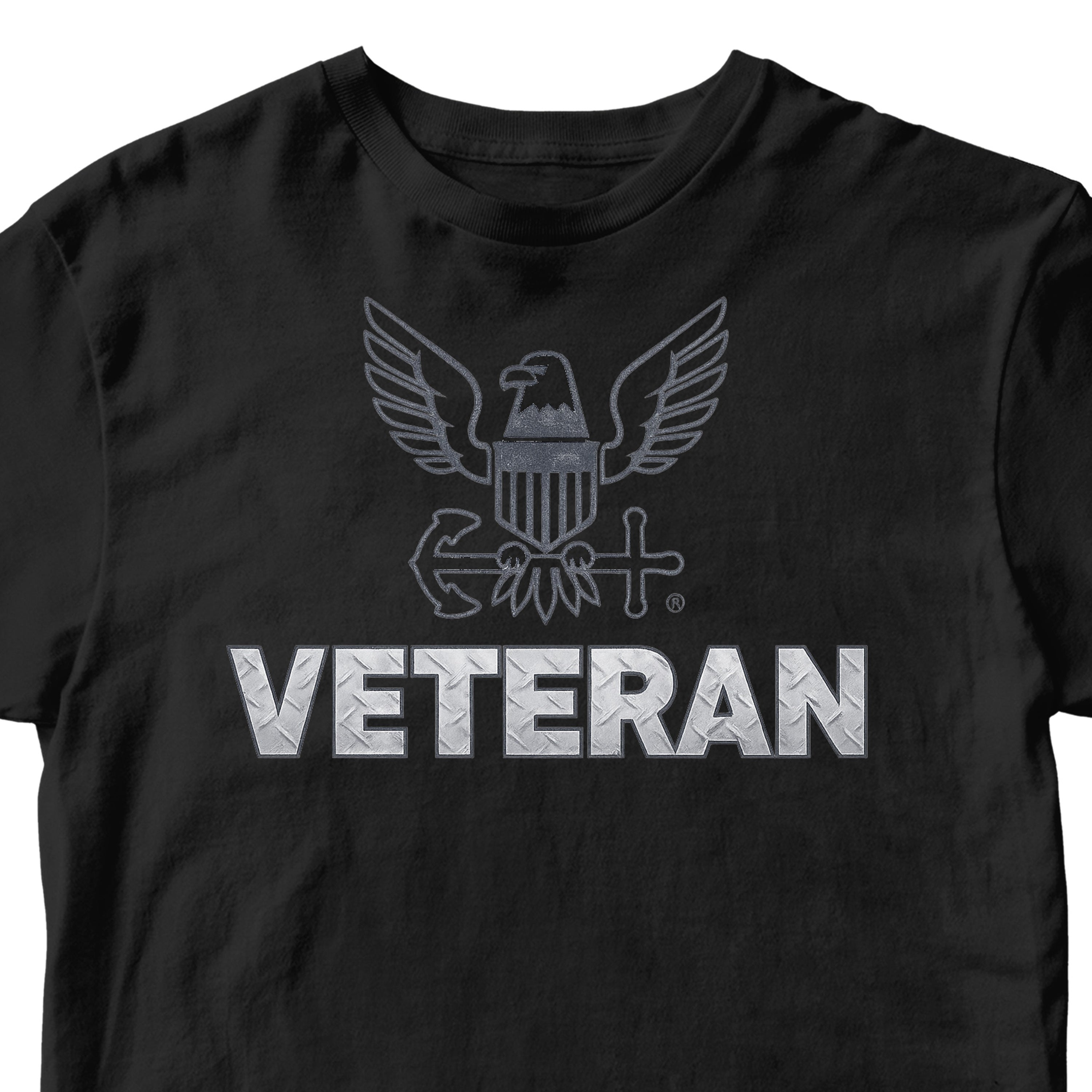 Black U.S. Navy Veteran t-shirt featuring silver eagle crest and steel-style VETERAN text