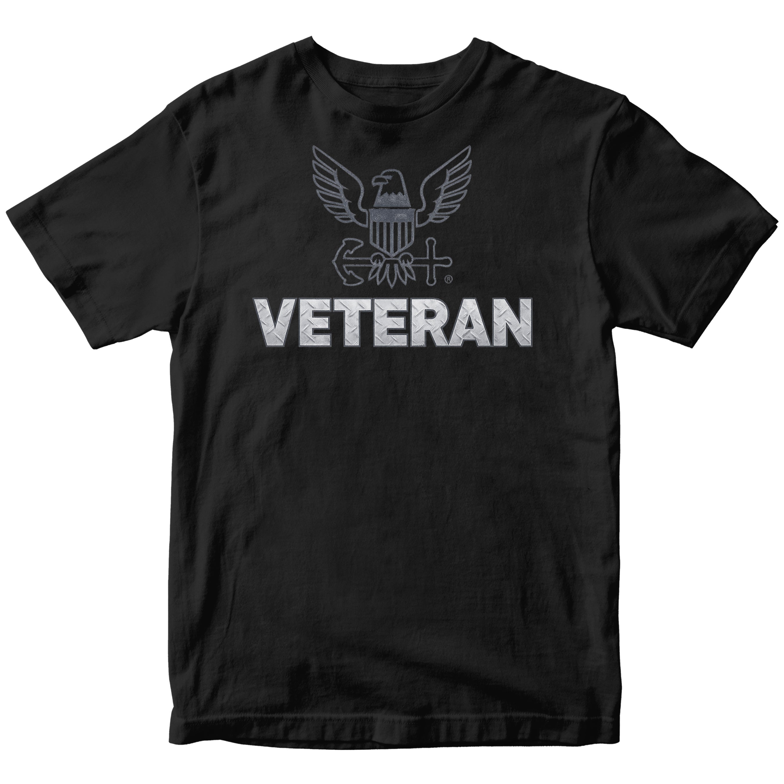 Black U.S. Navy Veteran t-shirt featuring silver eagle crest and steel-style VETERAN text