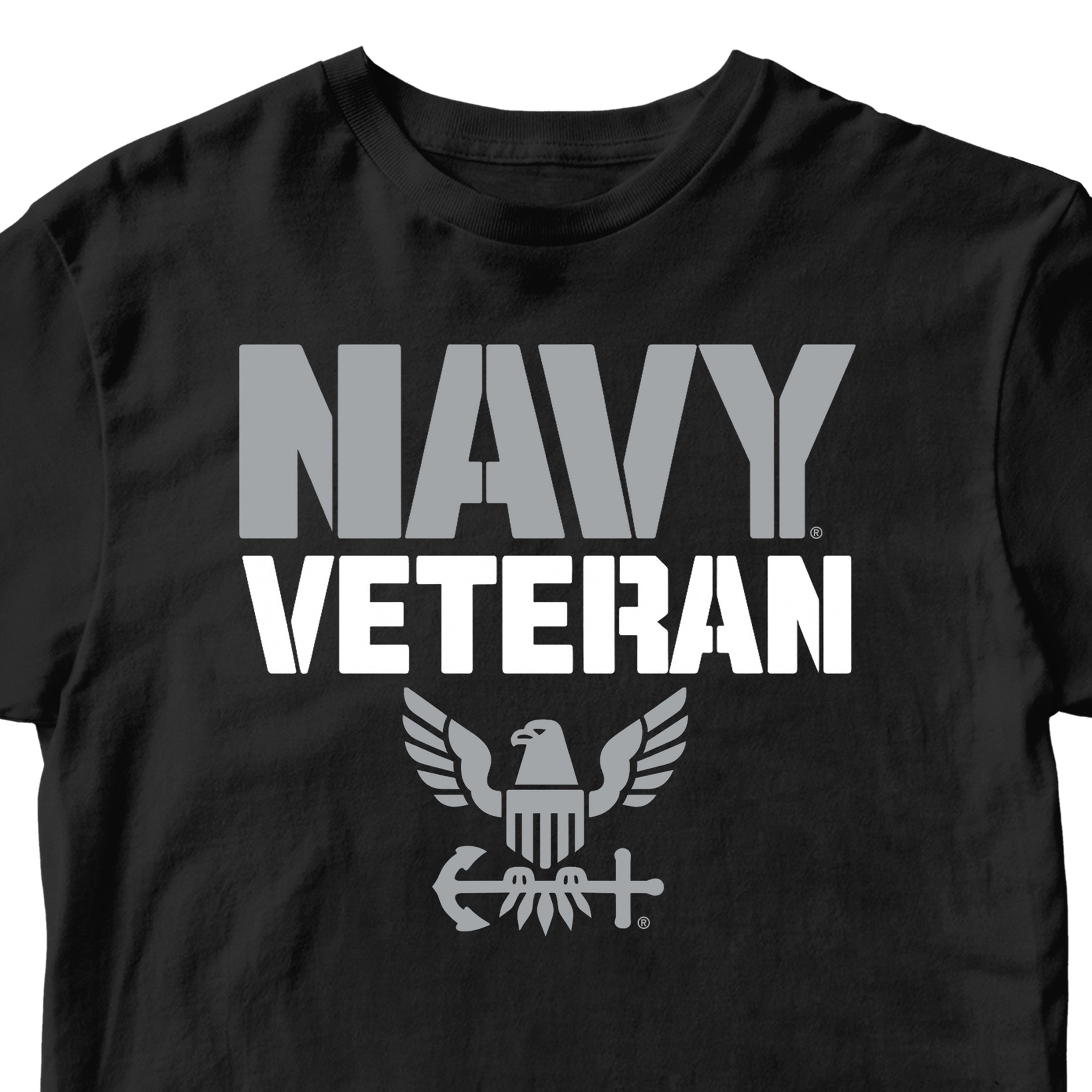 Black U.S. Navy Veteran t-shirt featuring gray NAVY text, white VETERAN lettering, and eagle crest