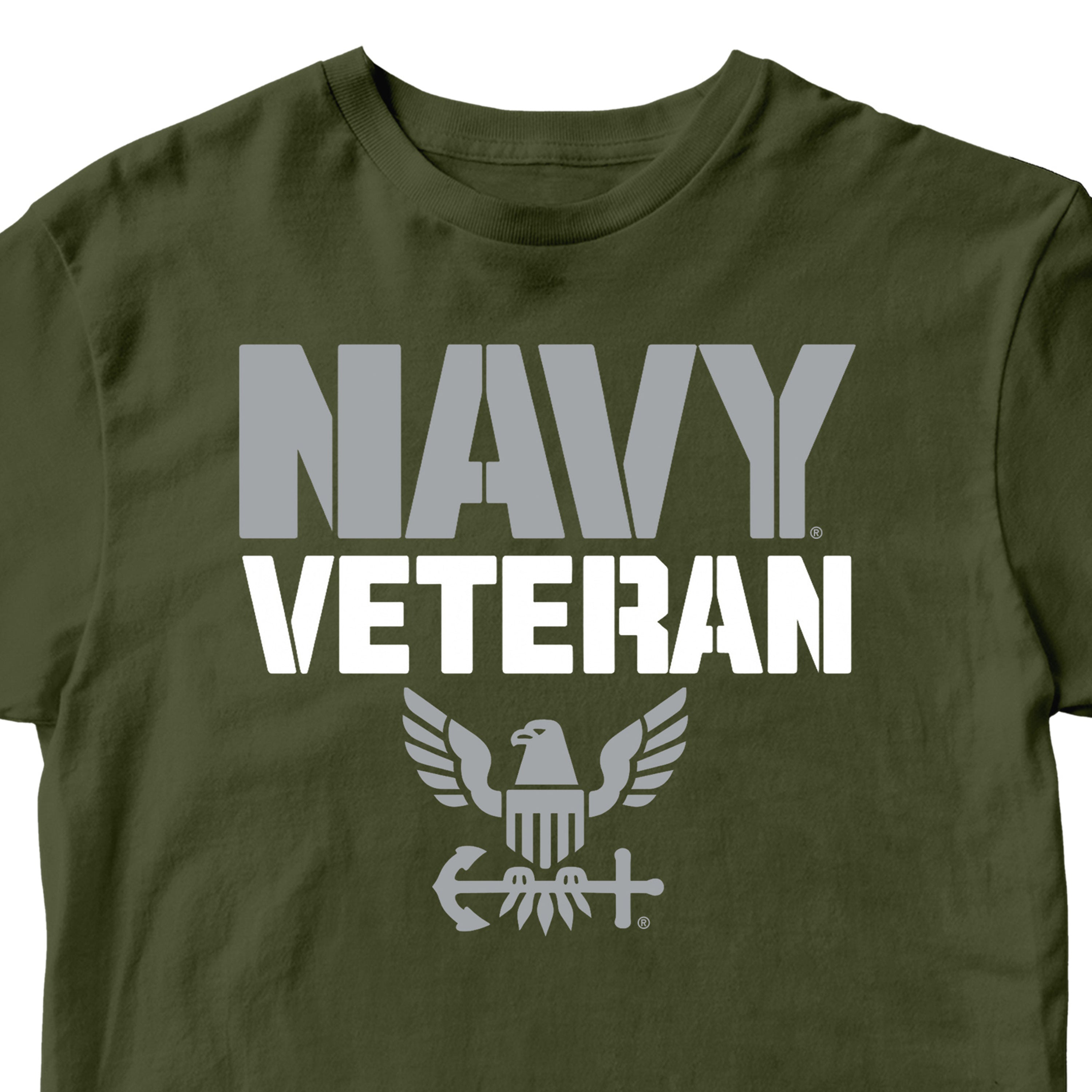 green U.S. Navy Veteran t-shirt featuring gray NAVY text, white VETERAN lettering, and eagle crest