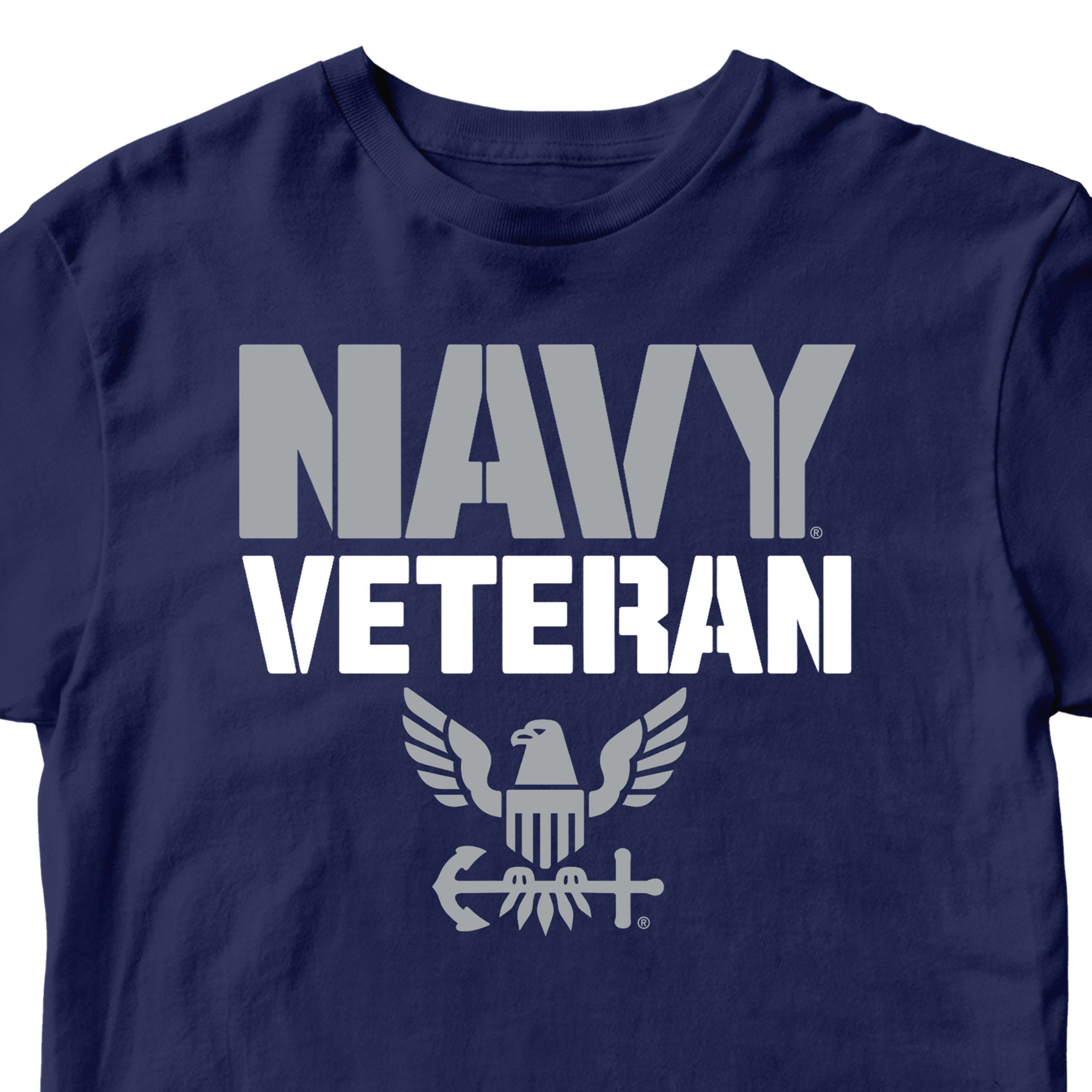 U.S. Navy Veteran t-shirt featuring gray NAVY text, white VETERAN lettering, and eagle crest