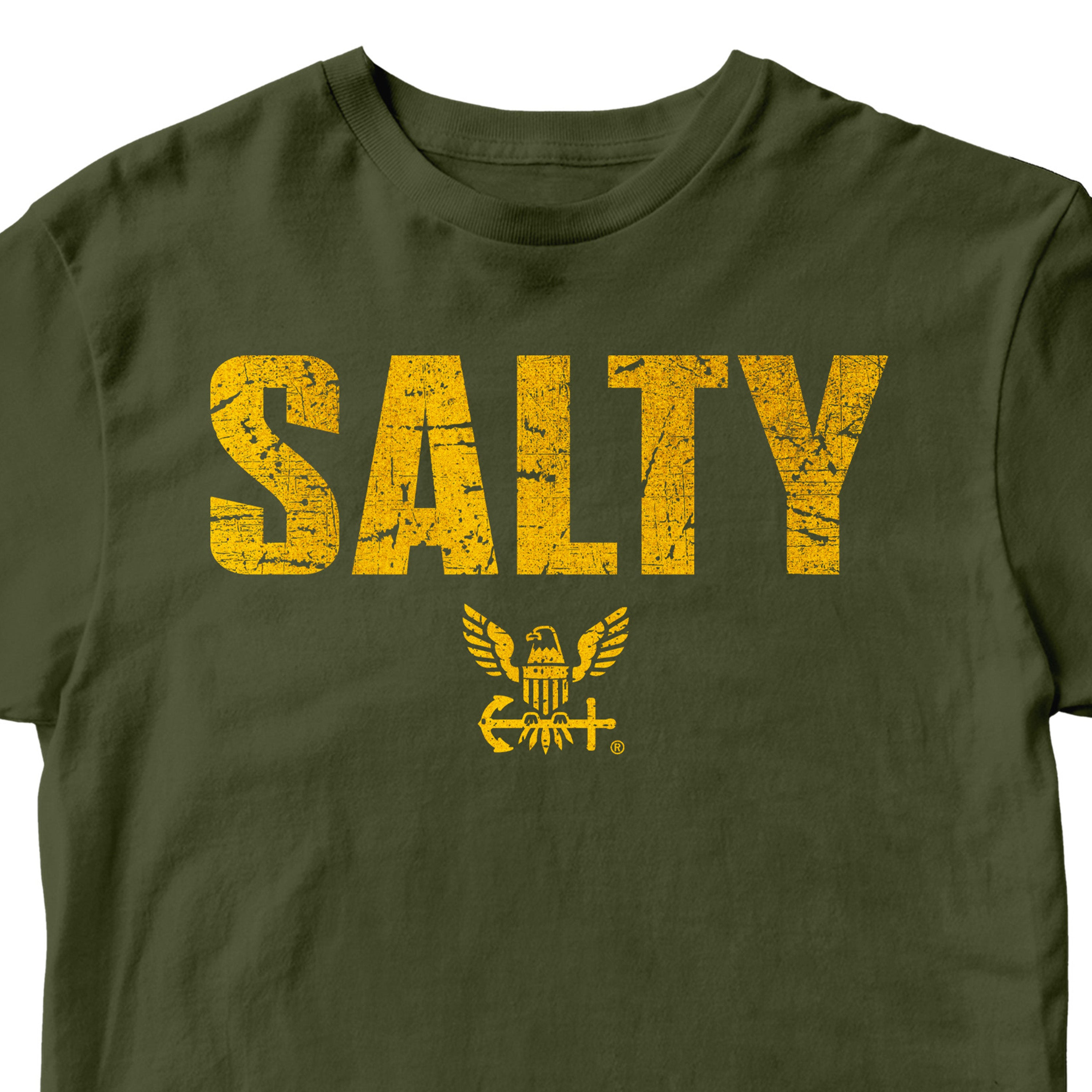 Green U.S. Navy Salty Tee with distressed gold SALTY lettering and Navy eagle emblem