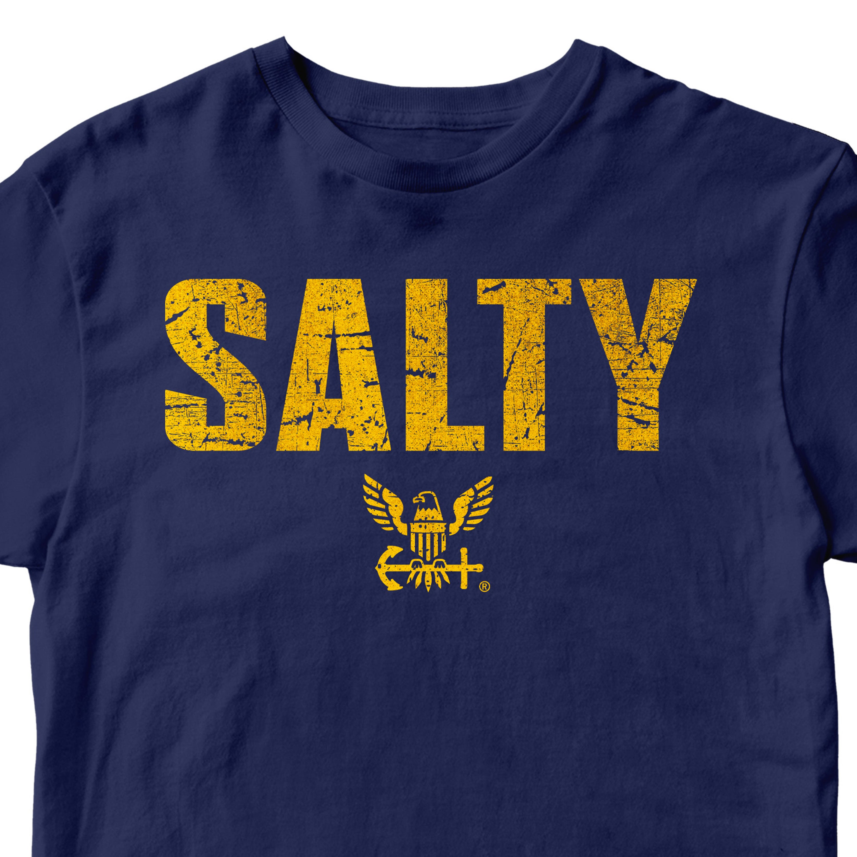 Navy blue Salty Tee with distressed gold SALTY lettering and Navy eagle emblem