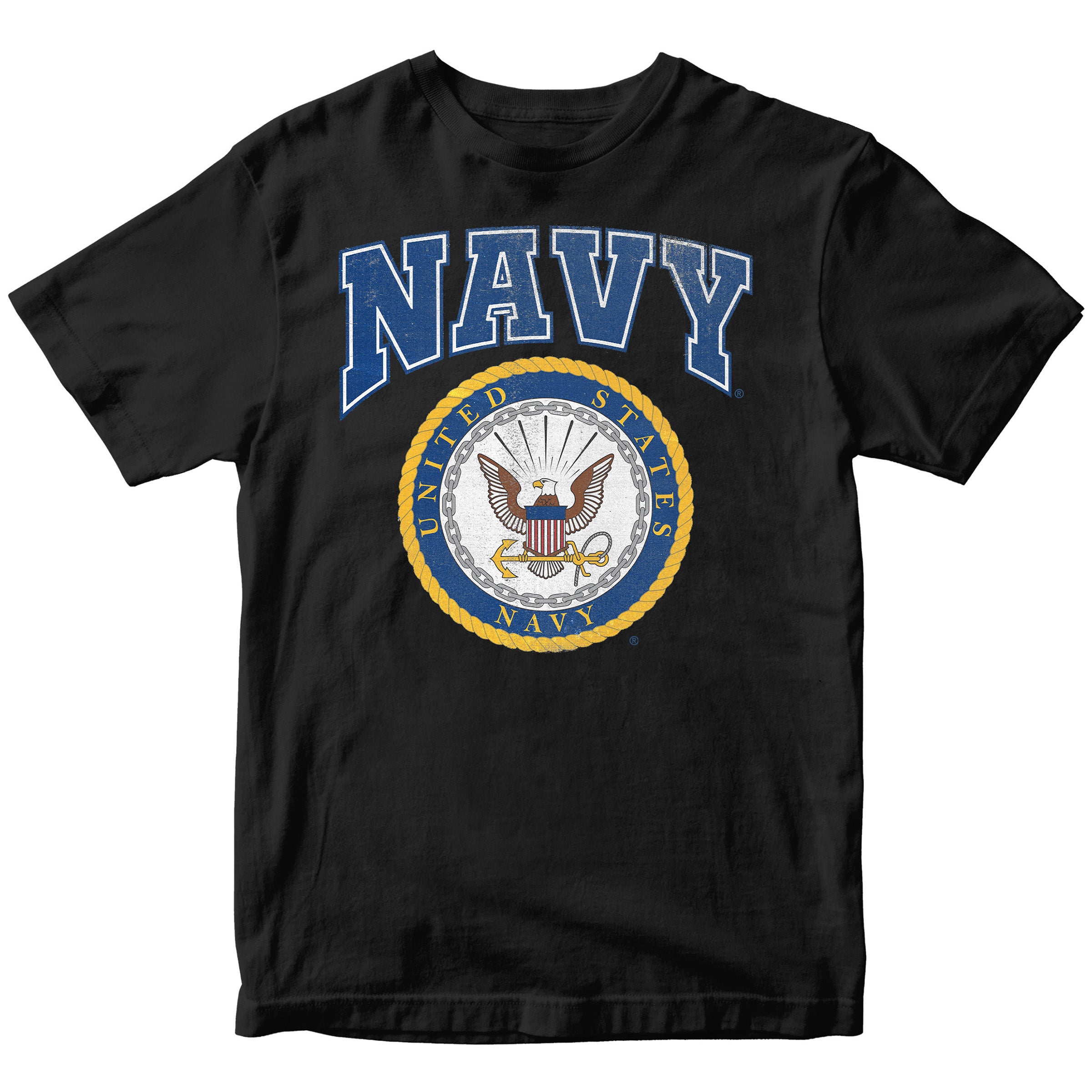 Black U.S. Navy Seal Tee with bold blue NAVY lettering and official Navy emblem