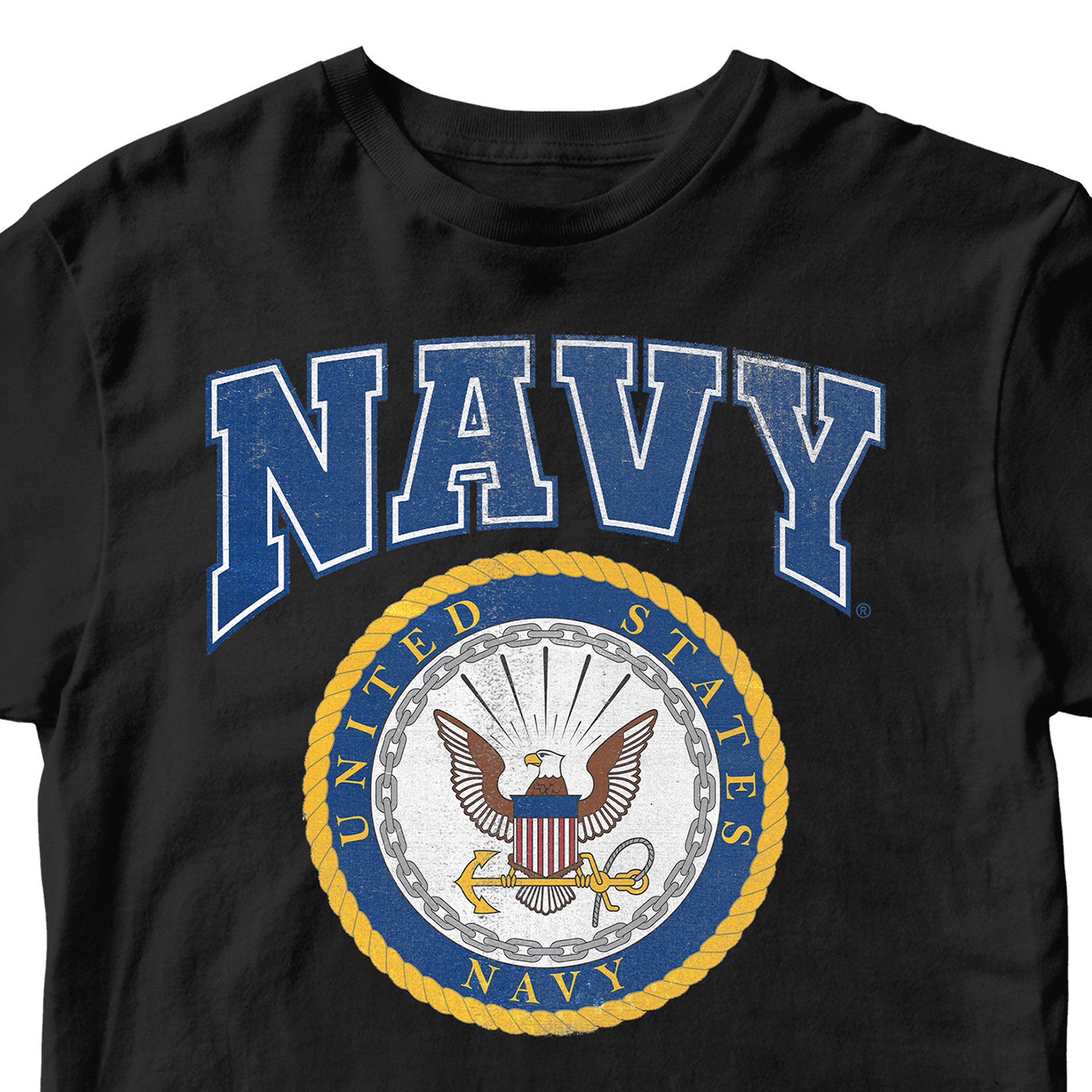 Black U.S. Navy Seal Tee with bold blue NAVY lettering and official Navy emblem