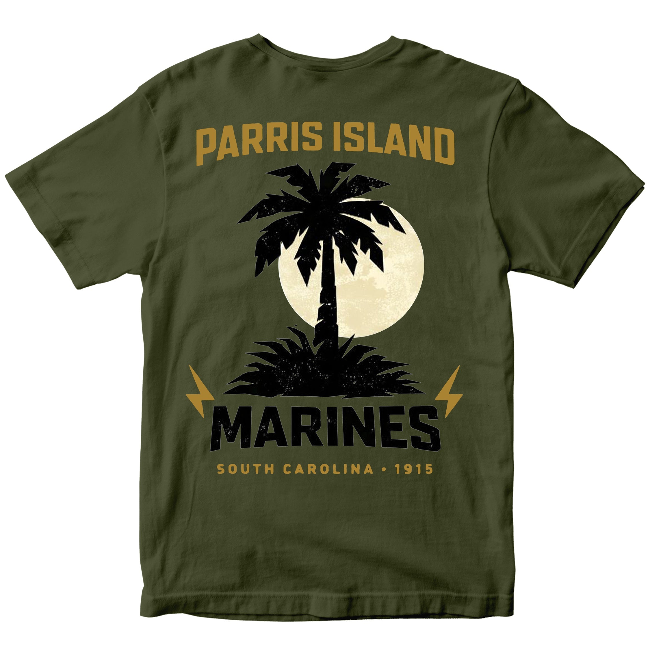 United States Marine Corps Parris Island South Carolina Palm Tree T-shirt with Marine Corps emblem. Green USMC Parris Island Tee