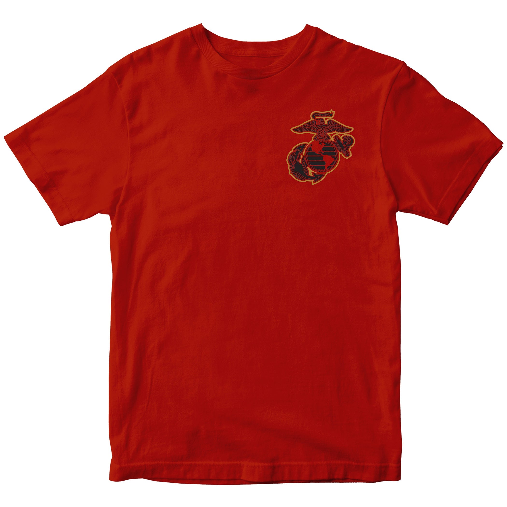 United States Marine Corps Parris Island South Carolina Palm Tree T-shirt with Marine Corps emblem. Red USMC Parris Island Tee
