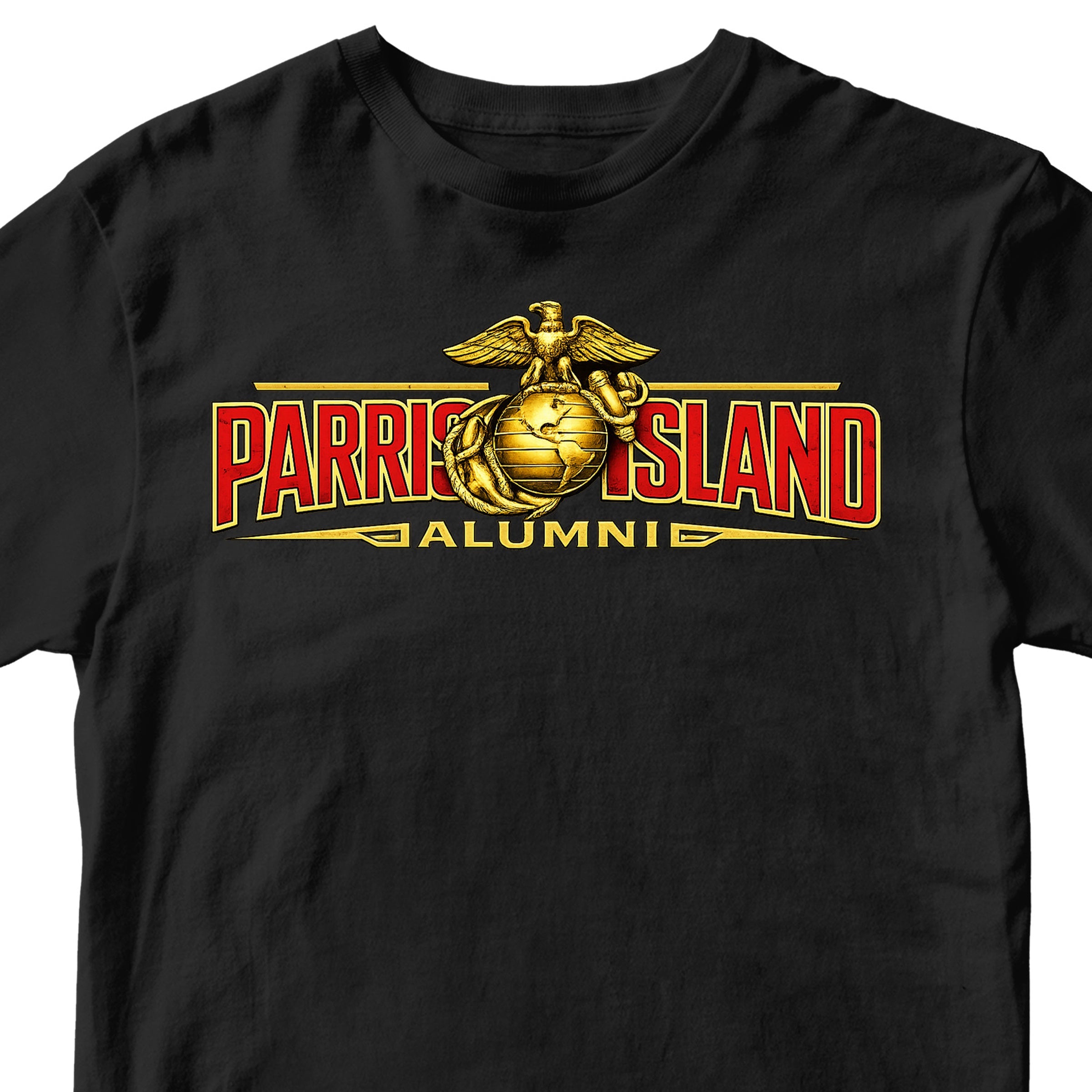 United States Marine Corps Parris Island alumni shirt featuring EGA emblem. Black MCRD Parris Island Tee.