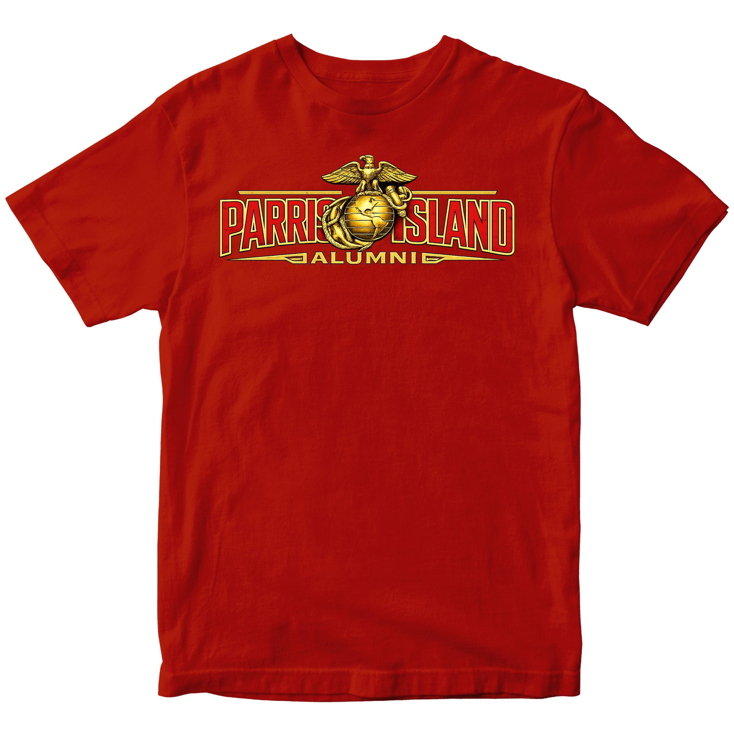 United States Marine Corps Parris Island alumni shirt featuring EGA emblem. Red MCRD Parris Island Tee.