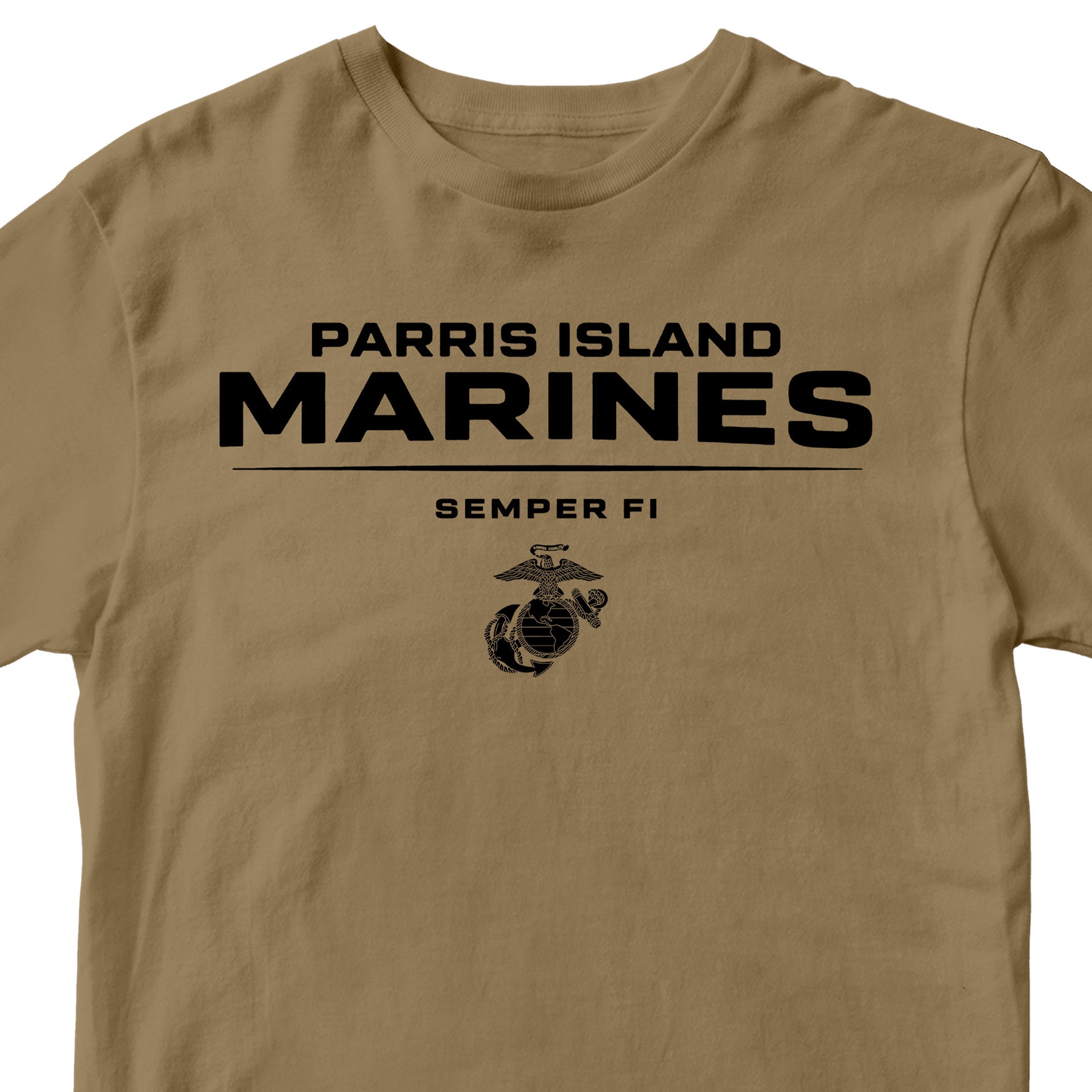 Khaki Parris Island Marines T-shirt with Eagle Globe and Anchor Marine Corps design. United States Marine Corps Parris Island Tee