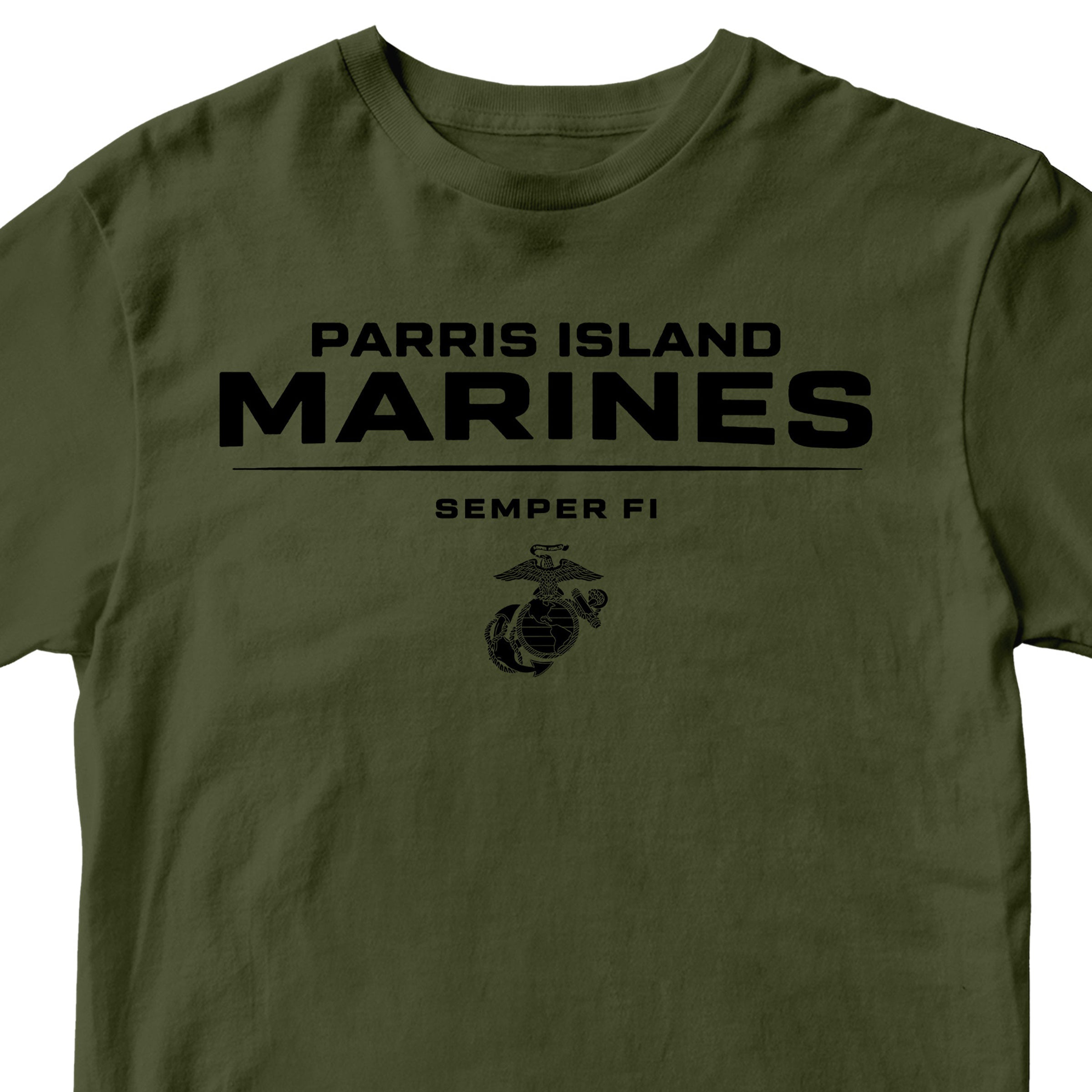 Green Parris Island Marines T-shirt with Eagle Globe and Anchor Marine Corps design. United States Marine Corps Parris Island Tee