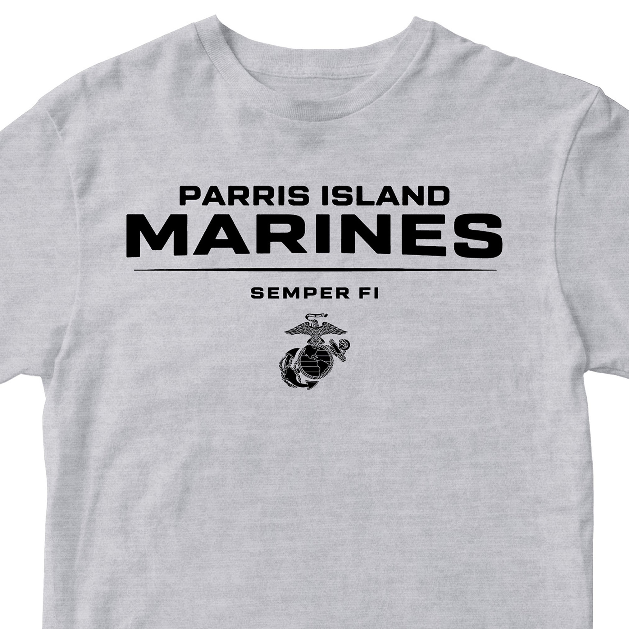 Gray Parris Island Marines T-shirt with Eagle Globe and Anchor Marine Corps design. United States Marine Corps Parris Island Tee