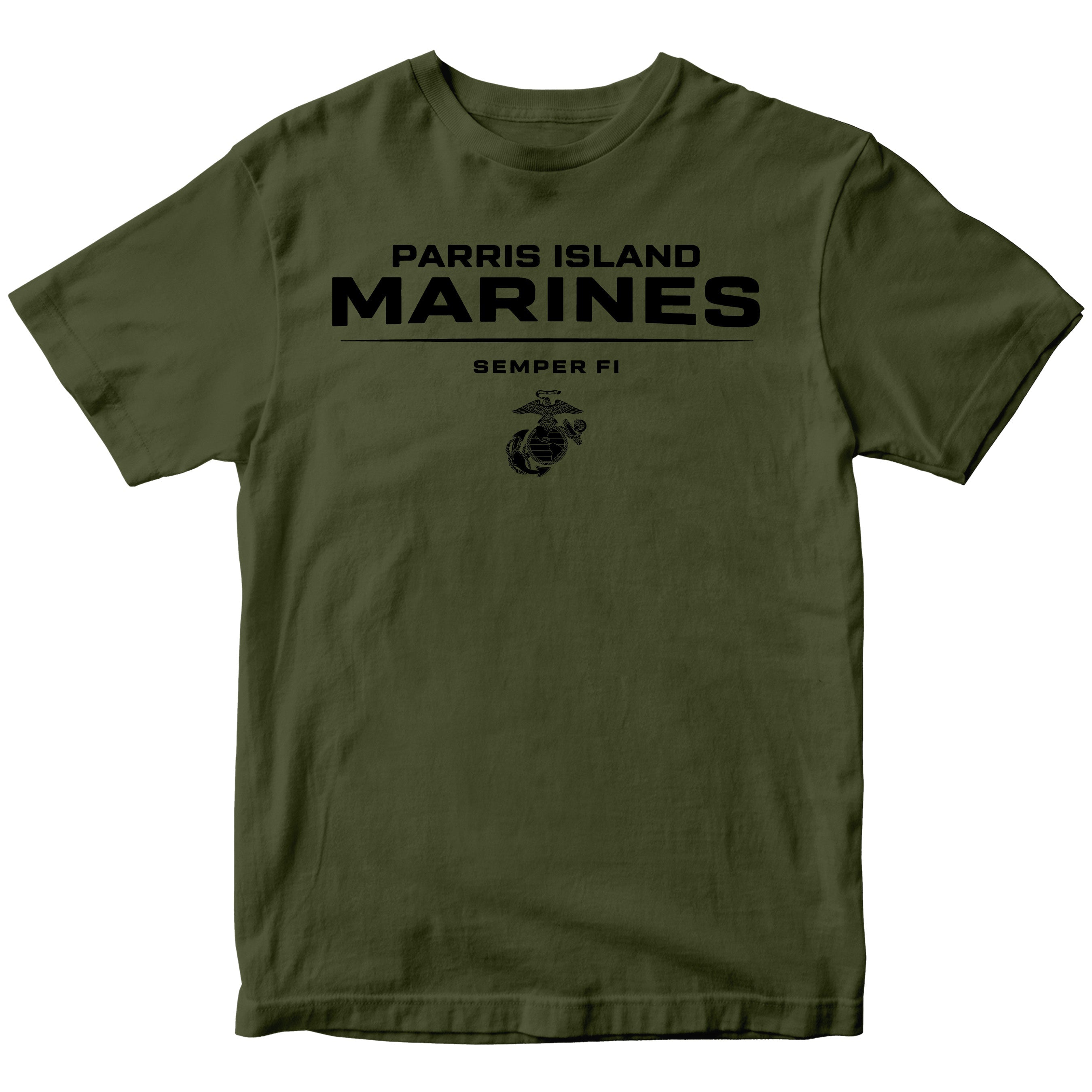 Green Parris Island Marines T-shirt with Eagle Globe and Anchor Marine Corps design. United States Marine Corps Parris Island Tee