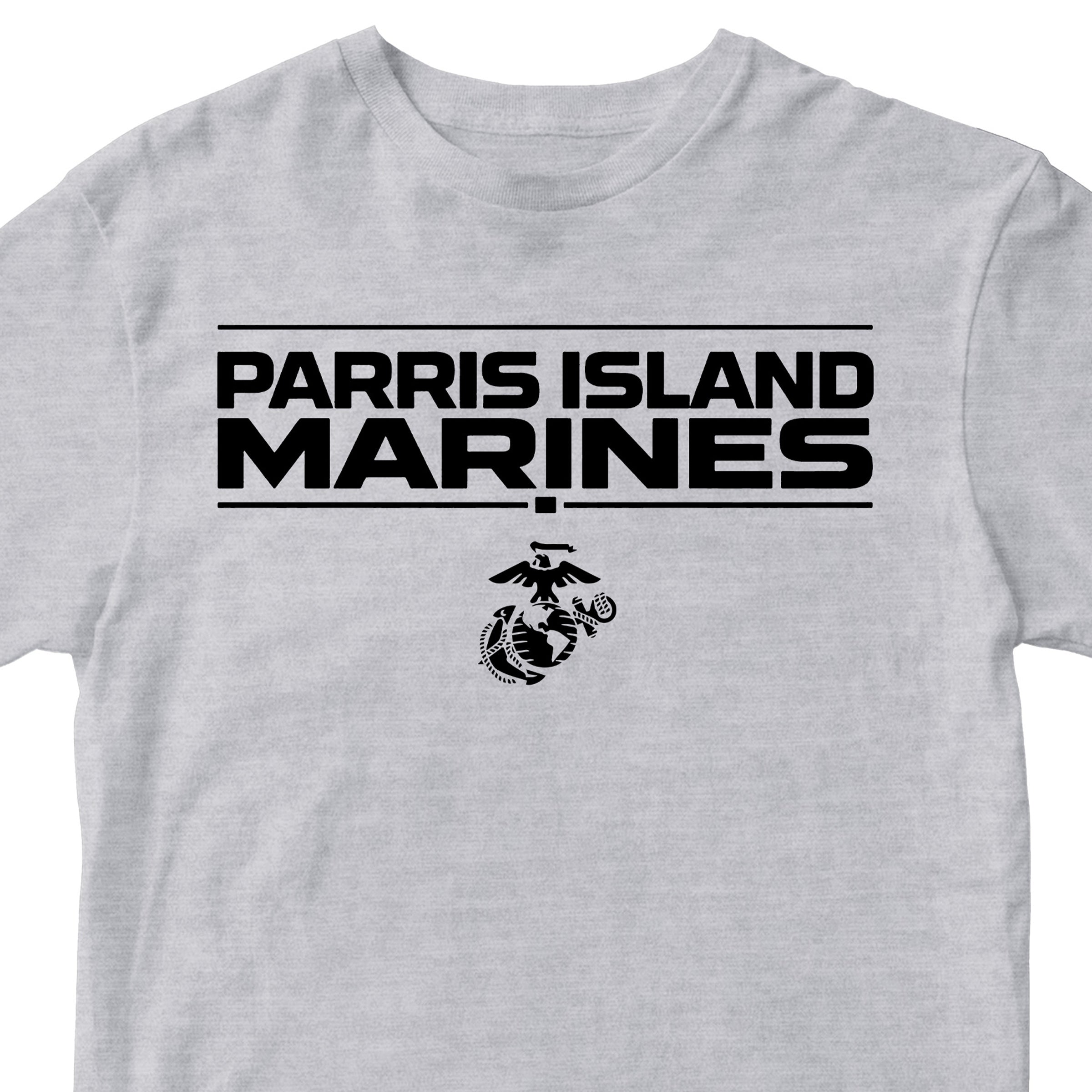 Grey MCRD Parris Island Marines T-shirt with Eagle Globe and Anchor Marine Corps design. United States Marine Corps Parris Island Tee