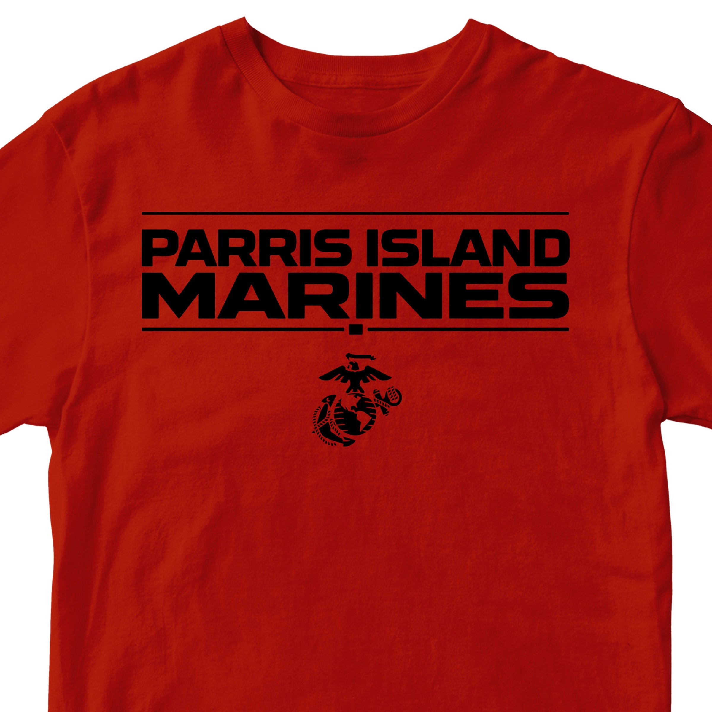 Red MCRD Parris Island Marines T-shirt with Eagle Globe and Anchor Marine Corps design. United States Marine Corps Parris Island Tee