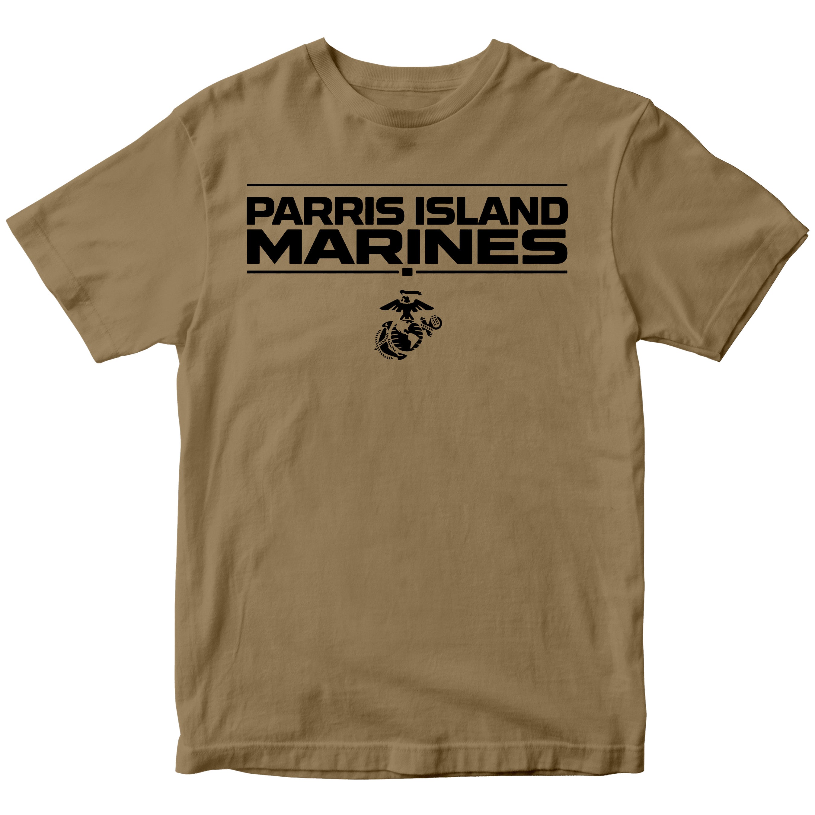 Brown MCRD Parris Island Marines T-shirt with Eagle Globe and Anchor Marine Corps design. United States Marine Corps Parris Island Tee