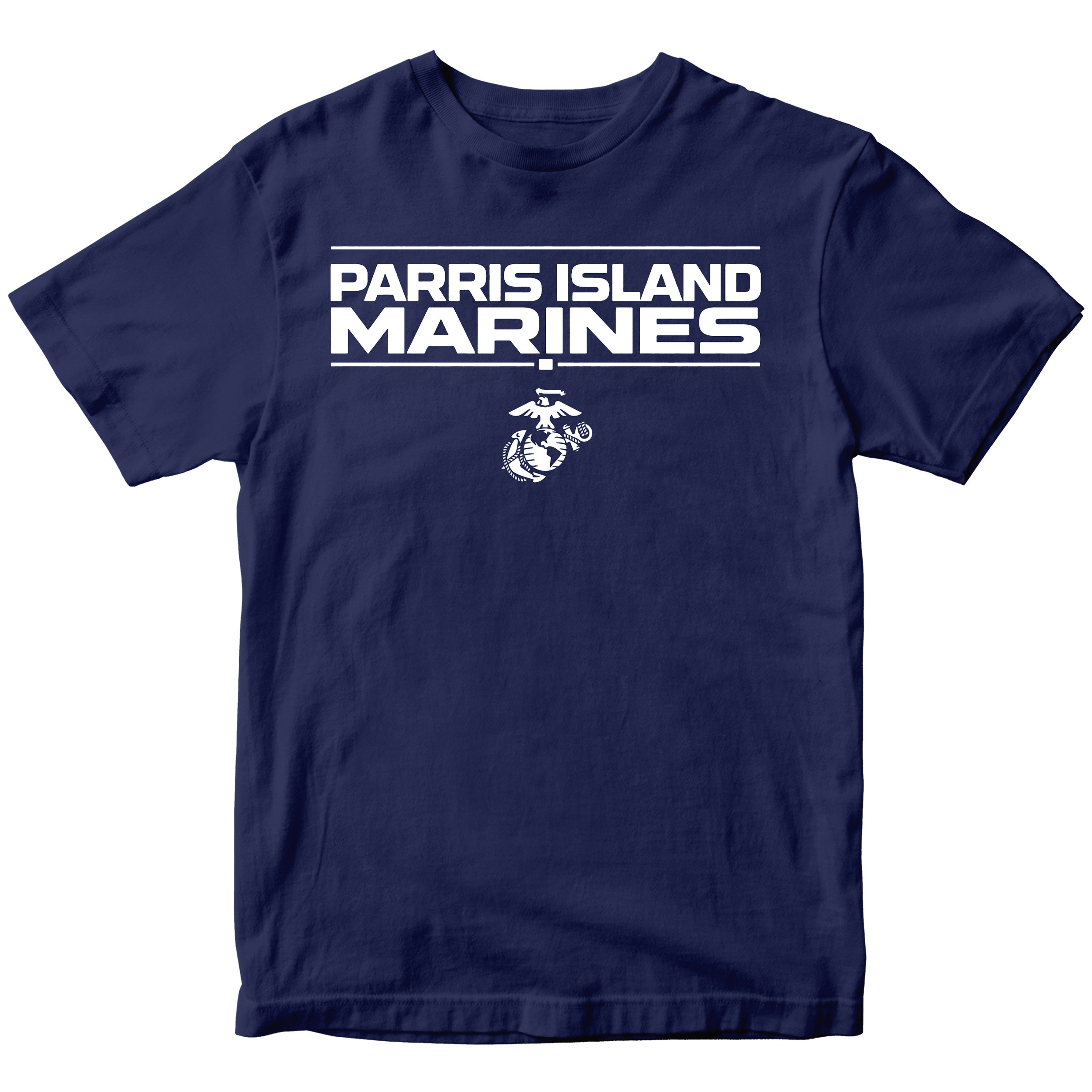 Navy MCRD Parris Island Marines T-shirt with Eagle Globe and Anchor Marine Corps design. United States Marine Corps Parris Island Tee