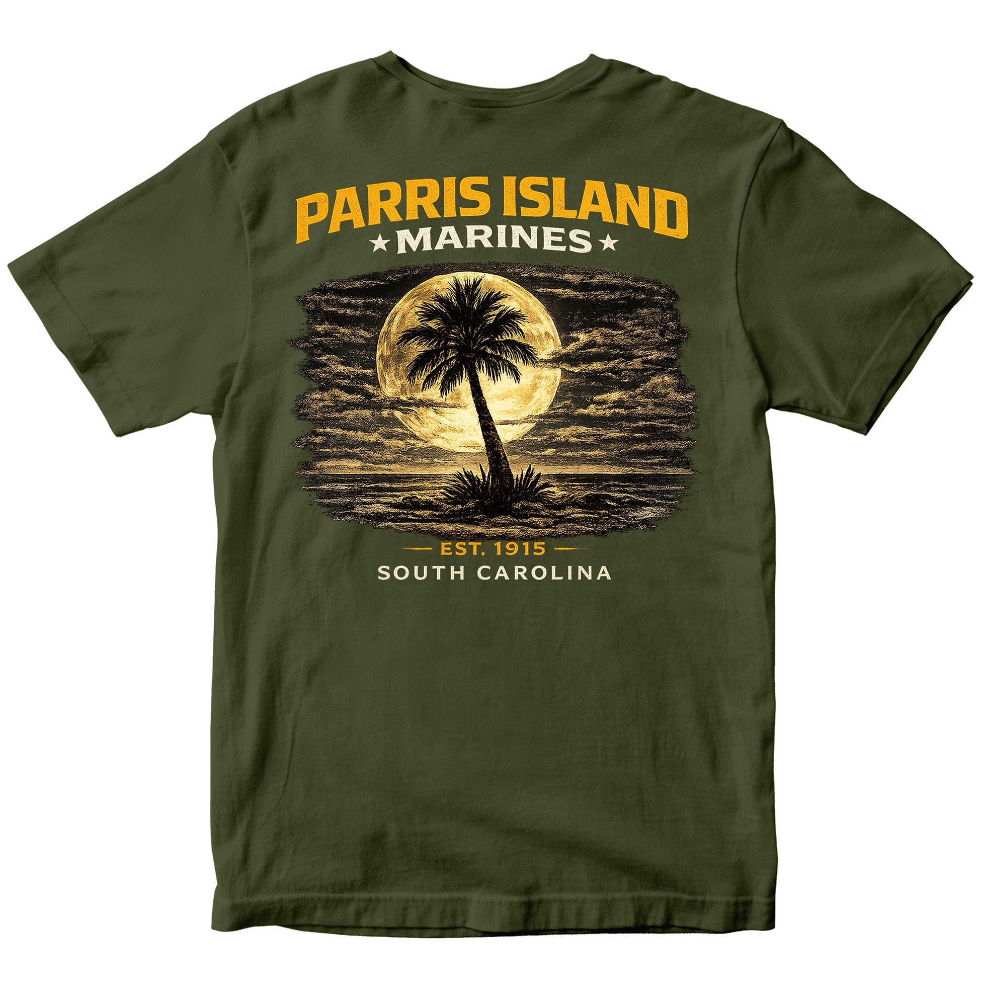 MCRD Parris Island Marines T-shirt with South Carolina graphic and Eagle Globe and Anchor. Green United States Marine Corps MCRD Parris Island Tee