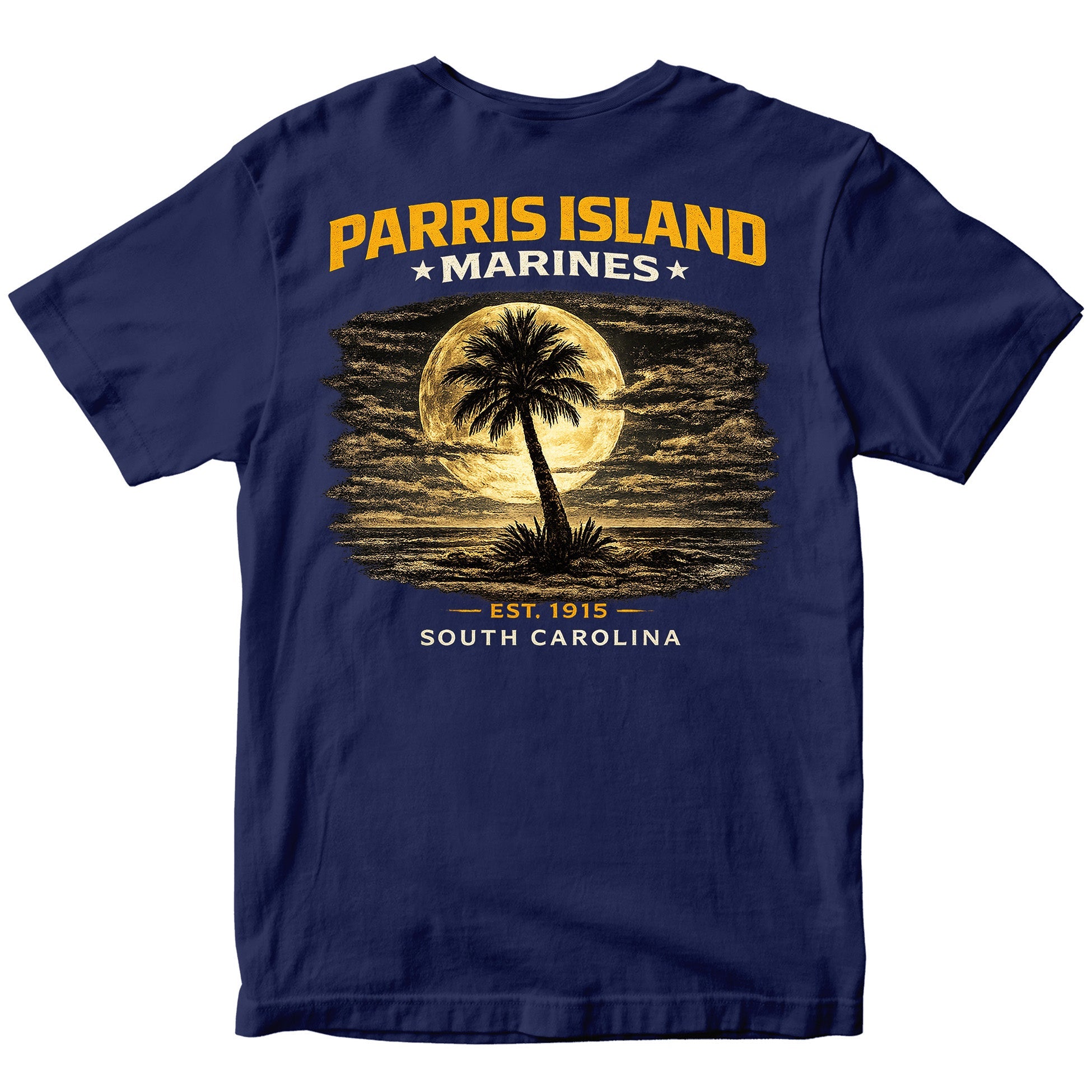 MCRD Parris Island Marines T-shirt with South Carolina graphic and Eagle Globe and Anchor. Navy United States Marine Corps MCRD Parris Island Tee