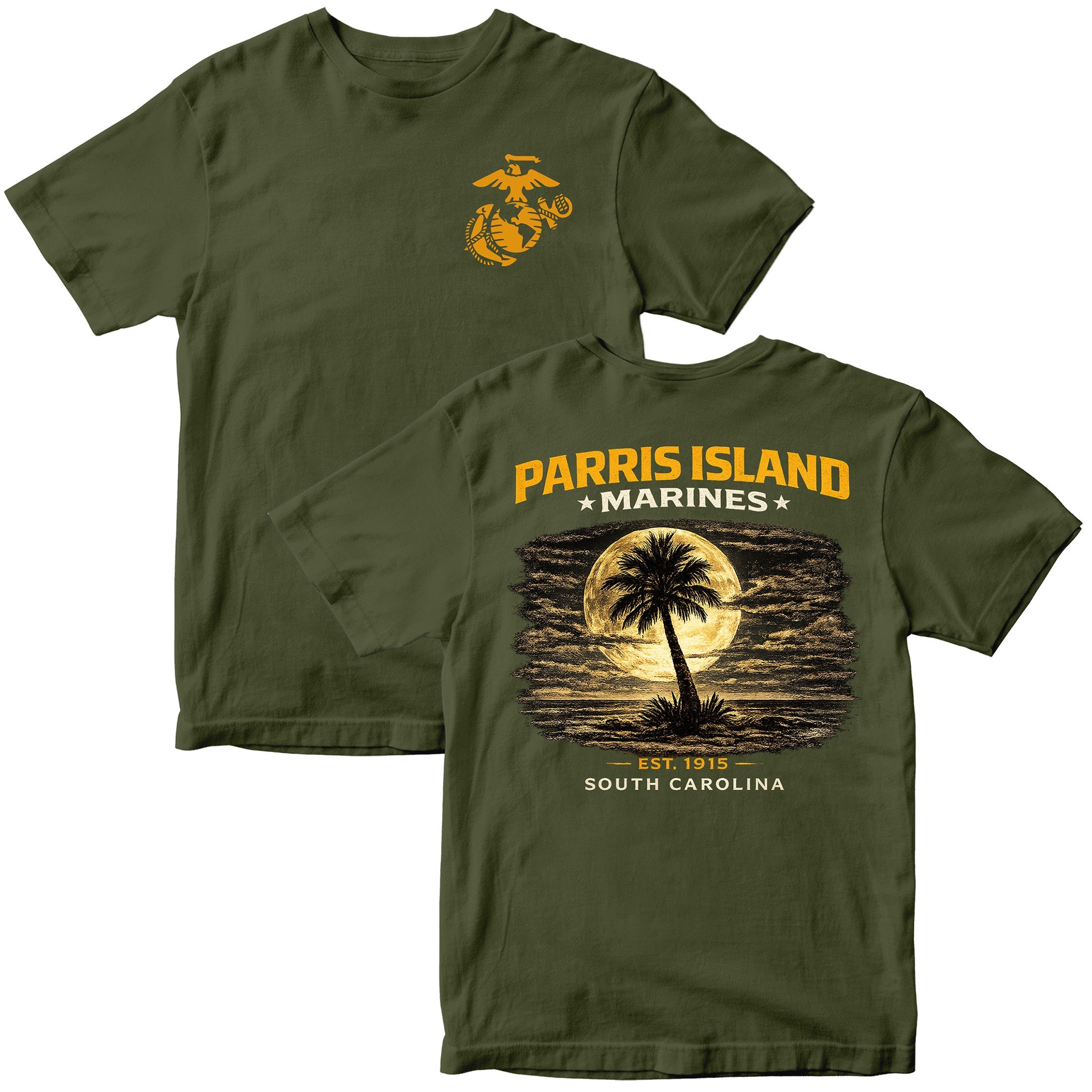 MCRD Parris Island Marines T-shirt with South Carolina graphic and Eagle Globe and Anchor. Green United States Marine Corps MCRD Parris Island Tee