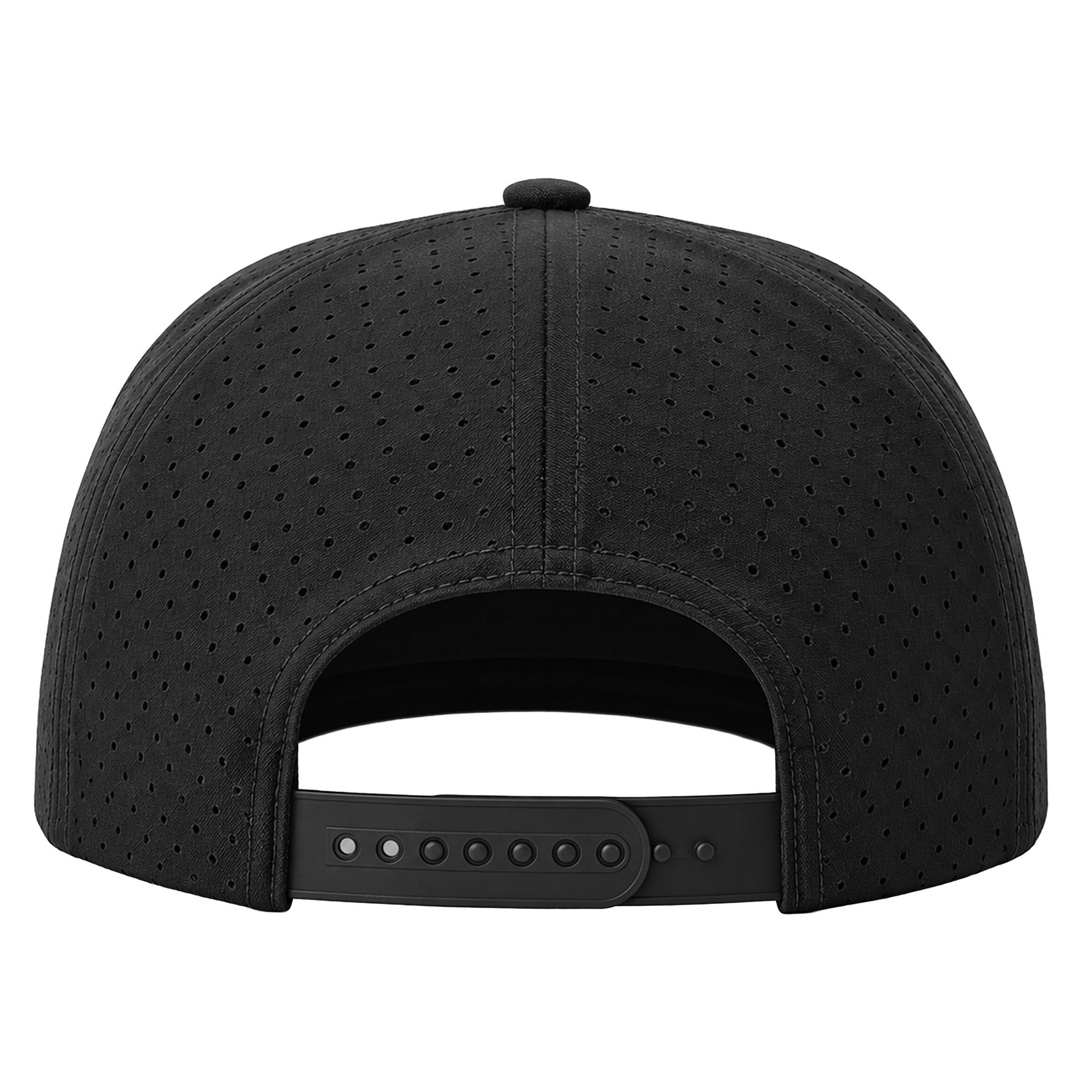 Black USMC laser perforated performance rope cap with black-on-black embroidered split American flag and Eagle, Globe, and Anchor design on the front. Marine Corps Cover. USMC black hat