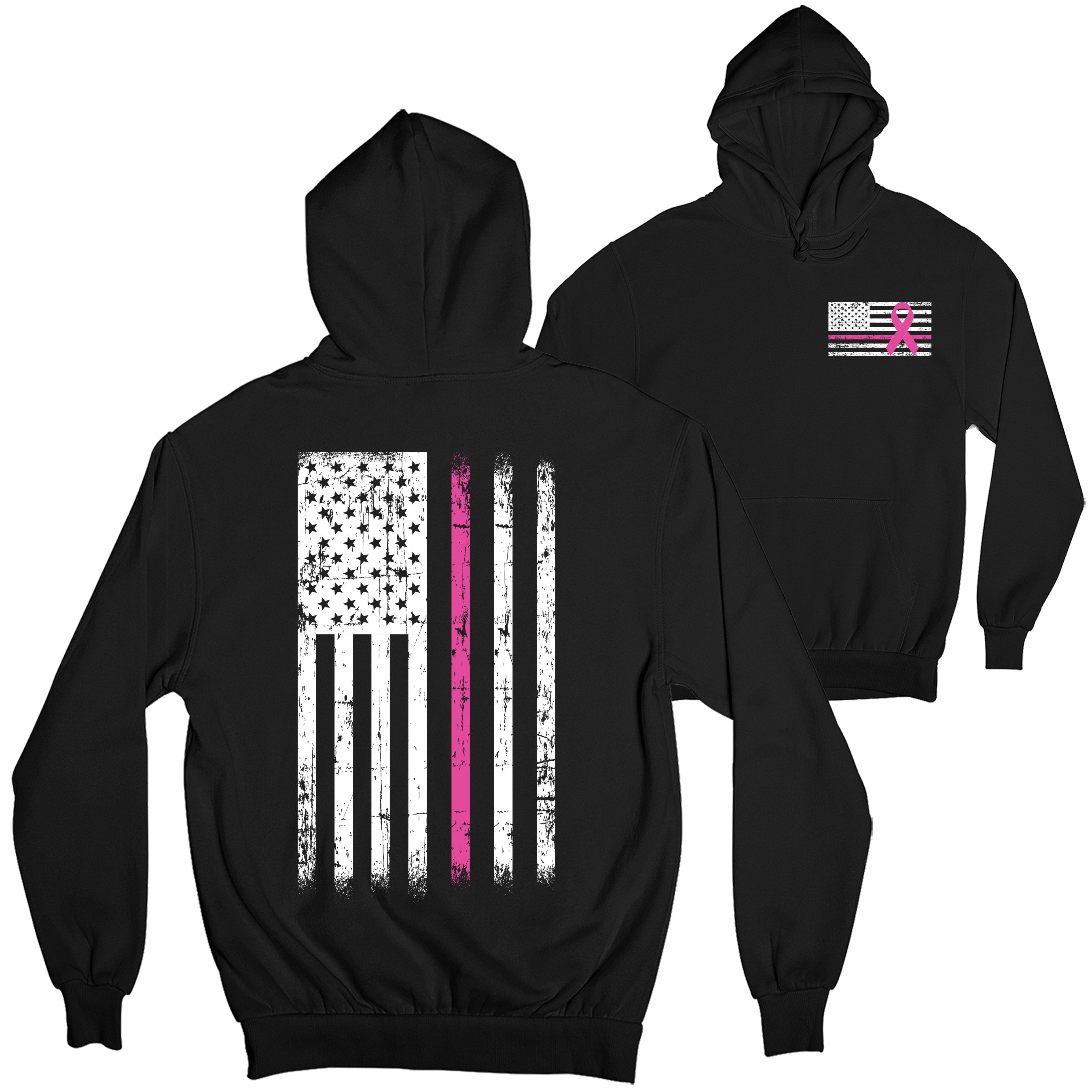 Black Cancer Awareness Hoodie. Patriotic Pink Cancer Flag Tee