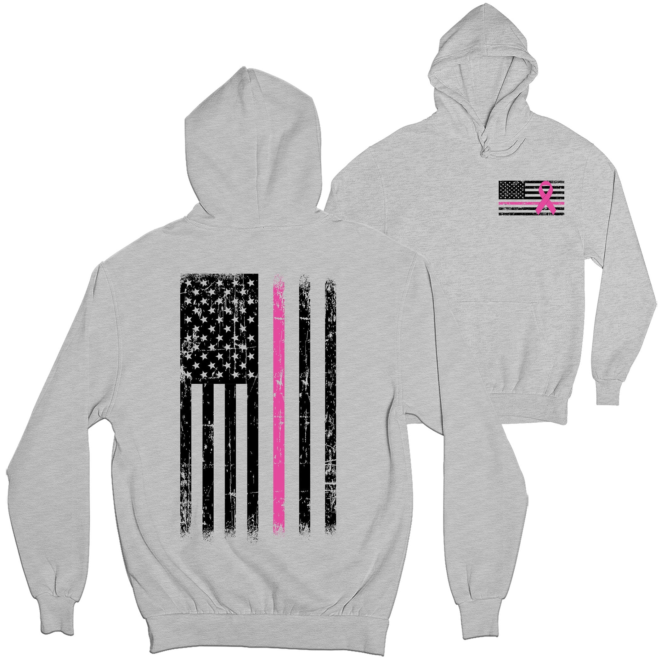 Grey Cancer Awareness Hoodie. Patriotic Pink Cancer Flag Tee