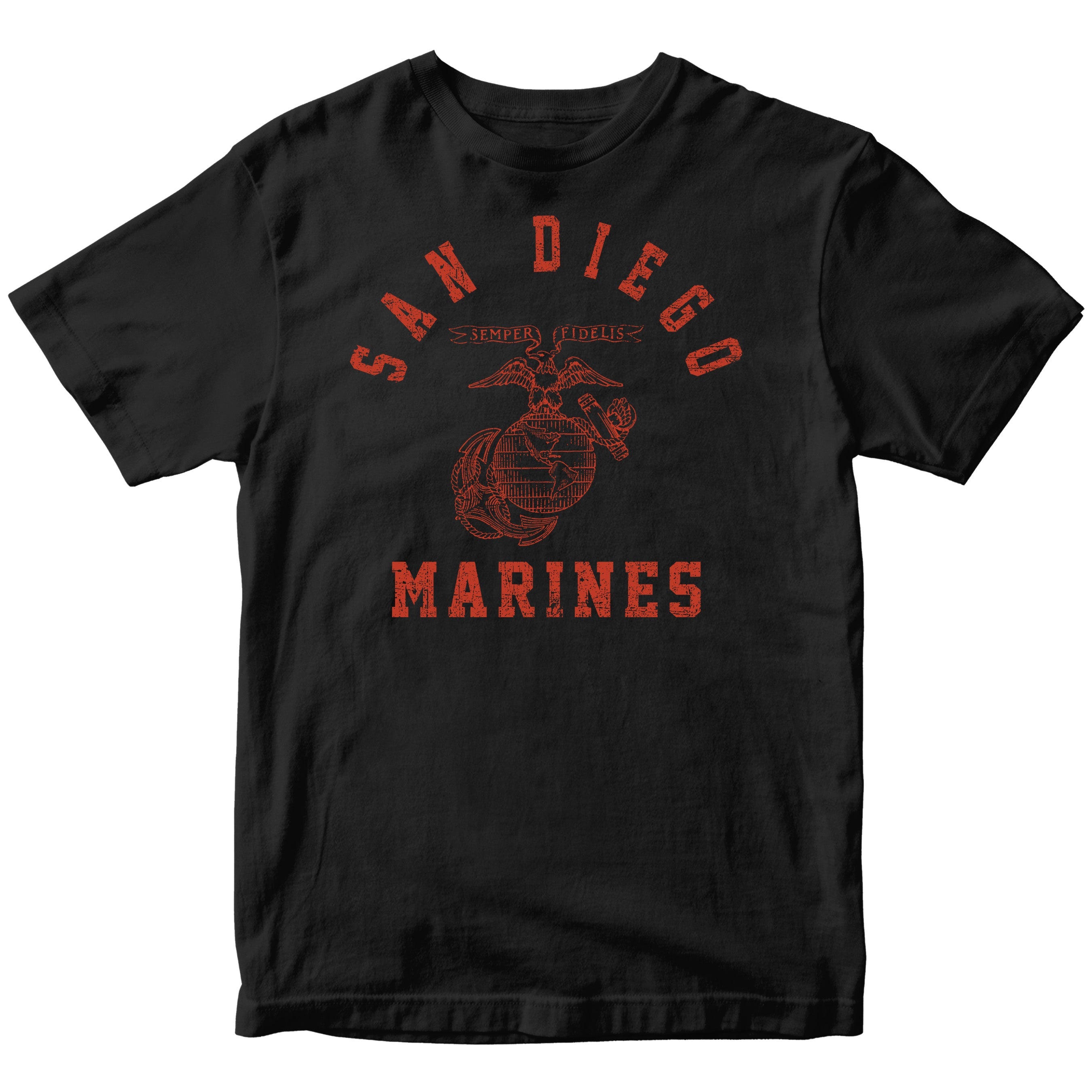 USMC Black t-shirt with distressed red print featuring 'San Diego' arched above the Eagle, Globe, and Anchor emblem, and 'Marines' text below—designed in the style of vintage Marine Corps training shirts from MCRD San Diego.