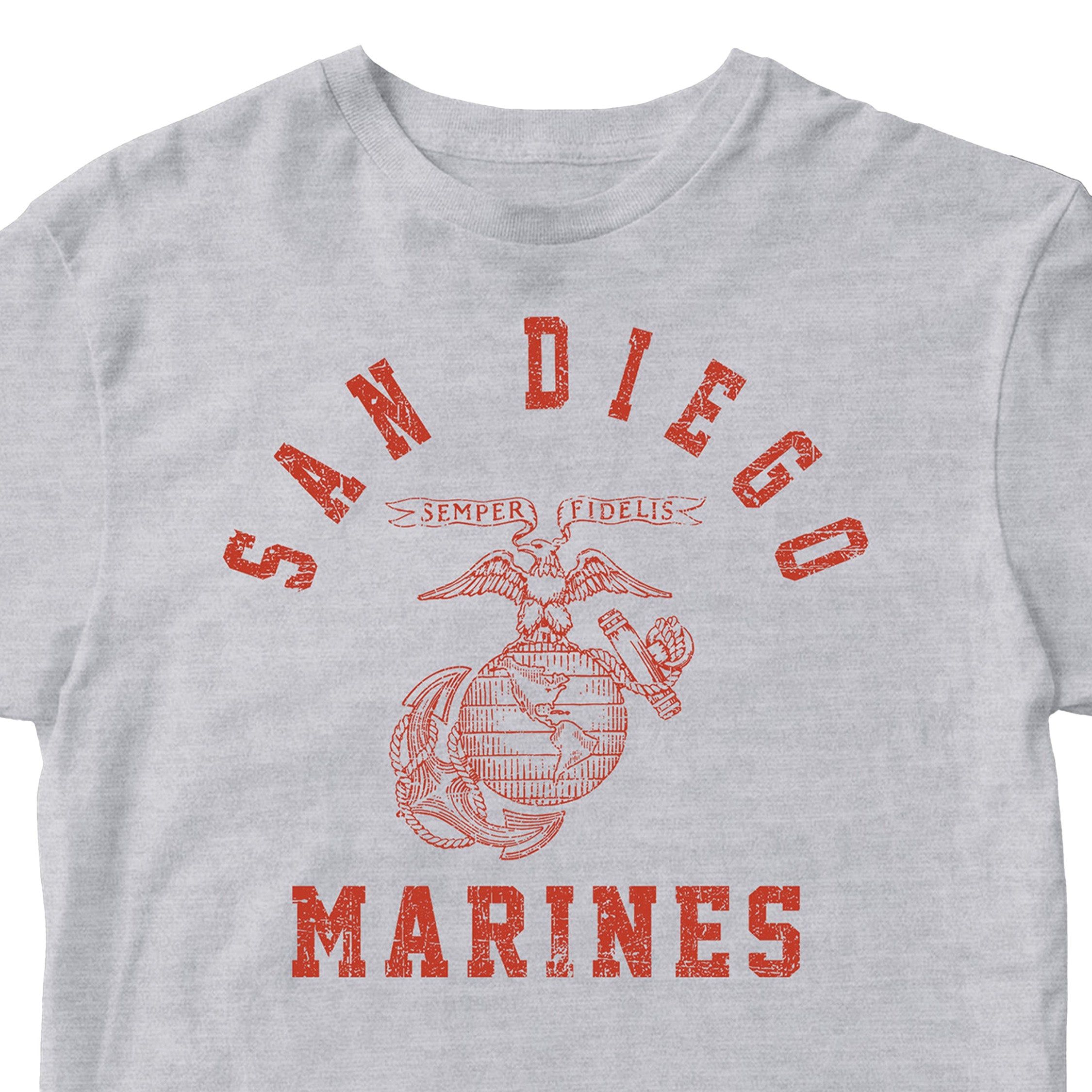 USMC Grey t-shirt with distressed red print featuring 'San Diego' arched above the Eagle, Globe, and Anchor emblem, and 'Marines' text below—designed in the style of vintage Marine Corps training shirts from MCRD San Diego.