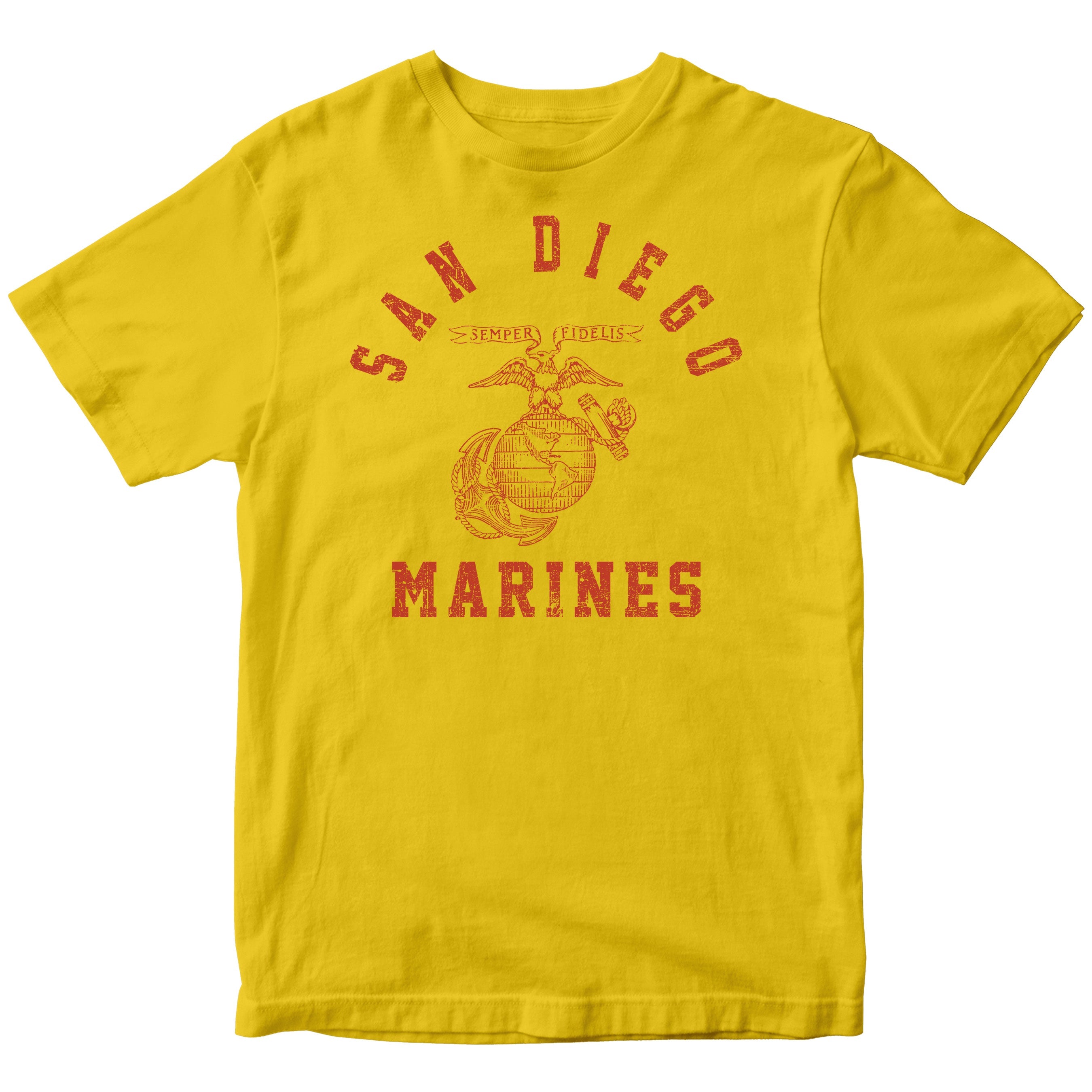 USMC gold t-shirt with distressed red print featuring 'San Diego' arched above the Eagle, Globe, and Anchor emblem, and 'Marines' text below—designed in the style of vintage Marine Corps training shirts from MCRD San Diego.