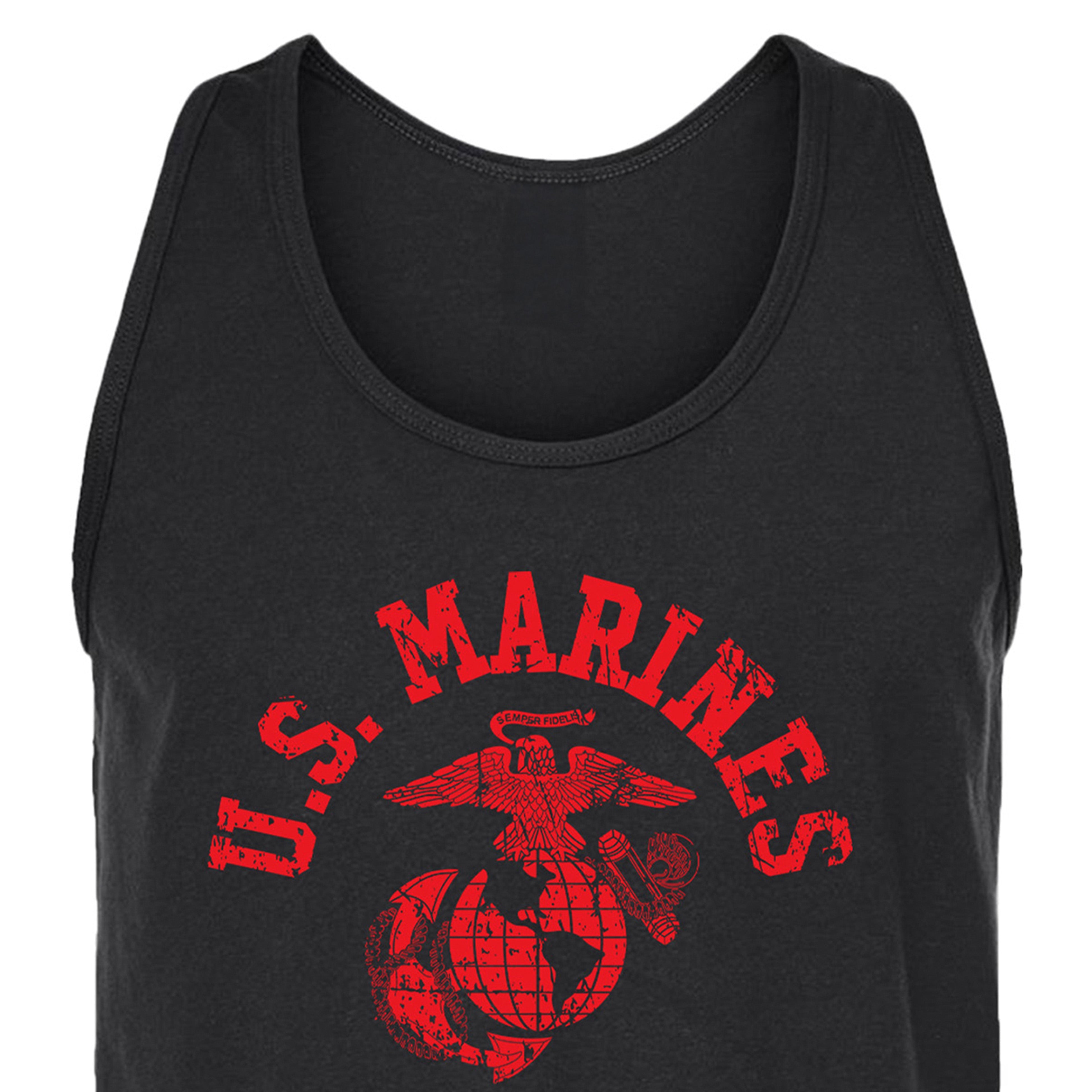 Men’s USMC tank top with bold red distressed 'U.S. MARINES' text and Eagle, Globe, and Anchor emblem on chest, vintage military workout tank.