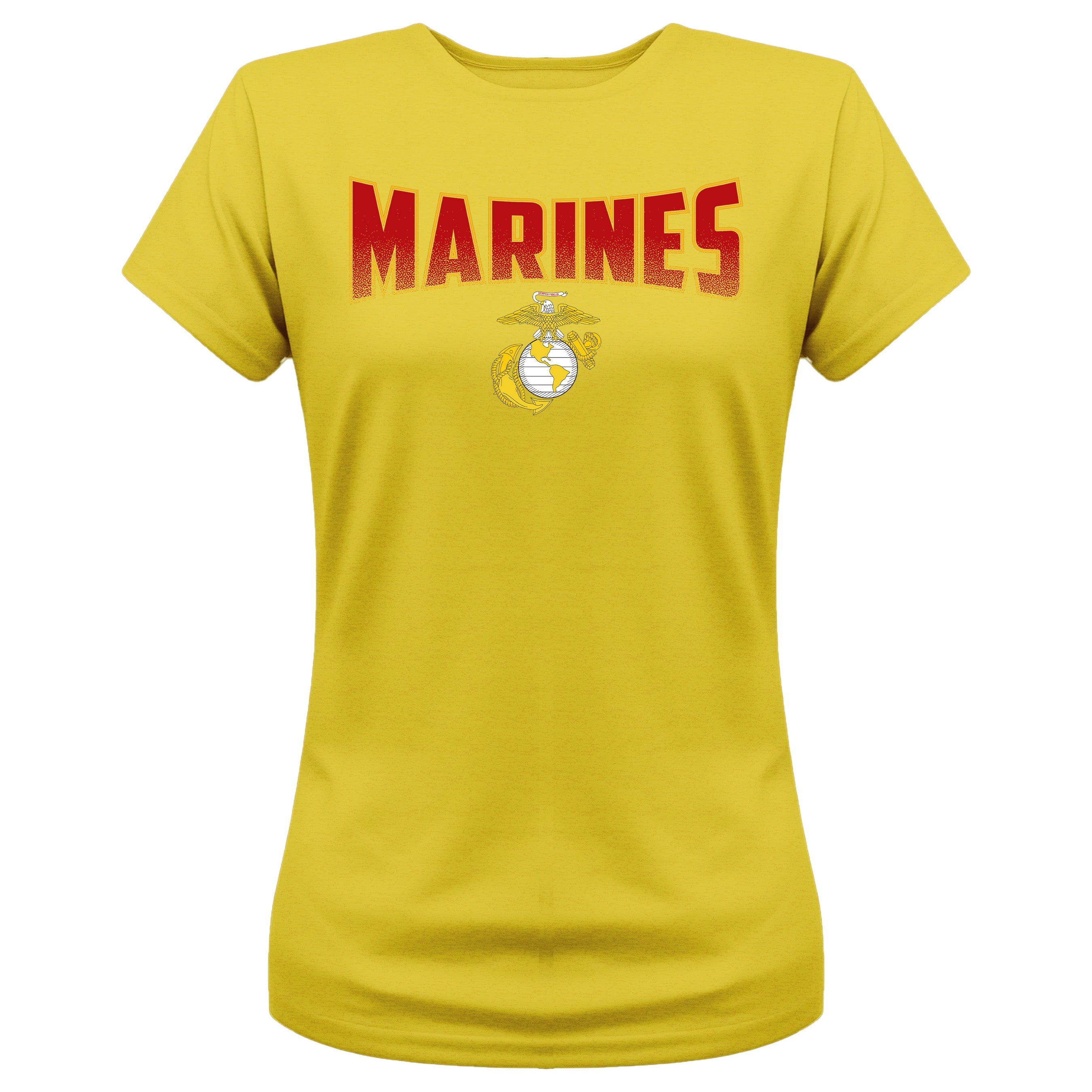 Women’s gold U.S. Marines t-shirt with bold red and gold 'MARINES' text and gold Eagle, Globe, and Anchor emblem on front, patriotic military shirt for female Marines and supporters