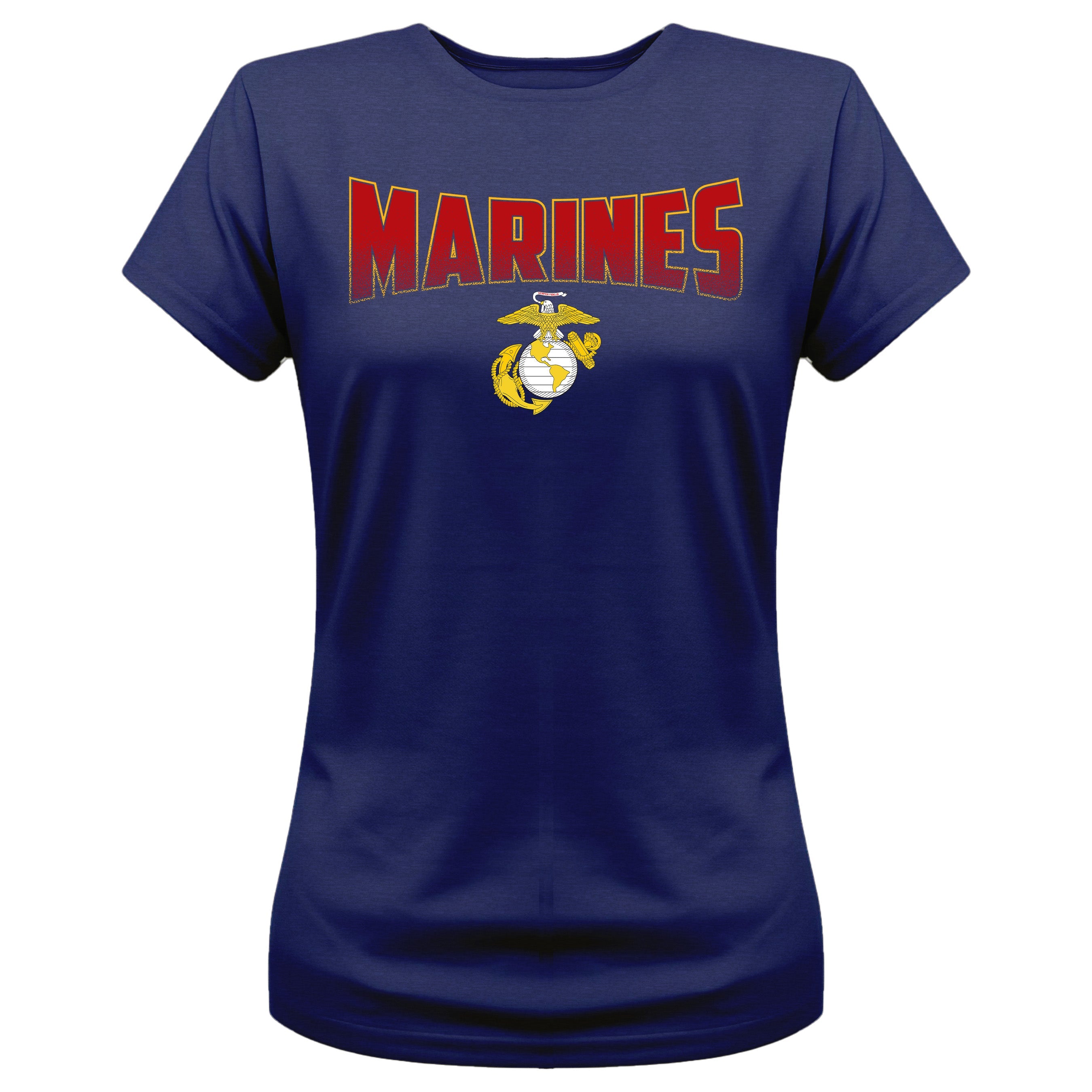 Women’s navy U.S. Marines t-shirt with bold red and gold 'MARINES' text and gold Eagle, Globe, and Anchor emblem on front, patriotic military shirt for female Marines and supporters
