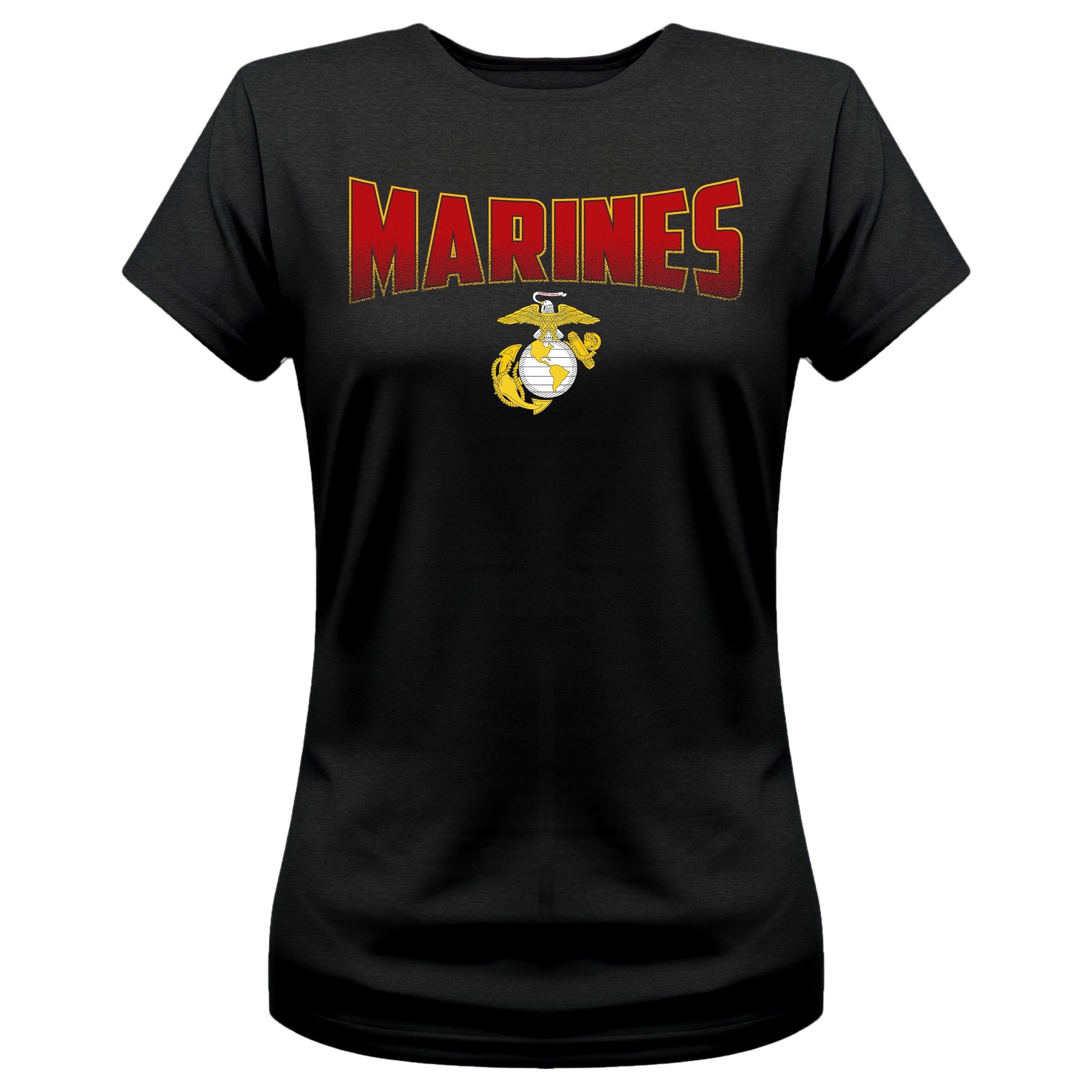 Women’s black U.S. Marines t-shirt with bold red and gold 'MARINES' text and gold Eagle, Globe, and Anchor emblem on front, patriotic military shirt for female Marines and supporters