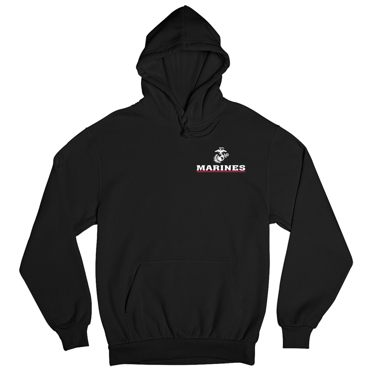Black USMC Hoodie with EGA chest seal emblem above bold white 'MARINES' text and a red underline, minimalist Marine Corps design.