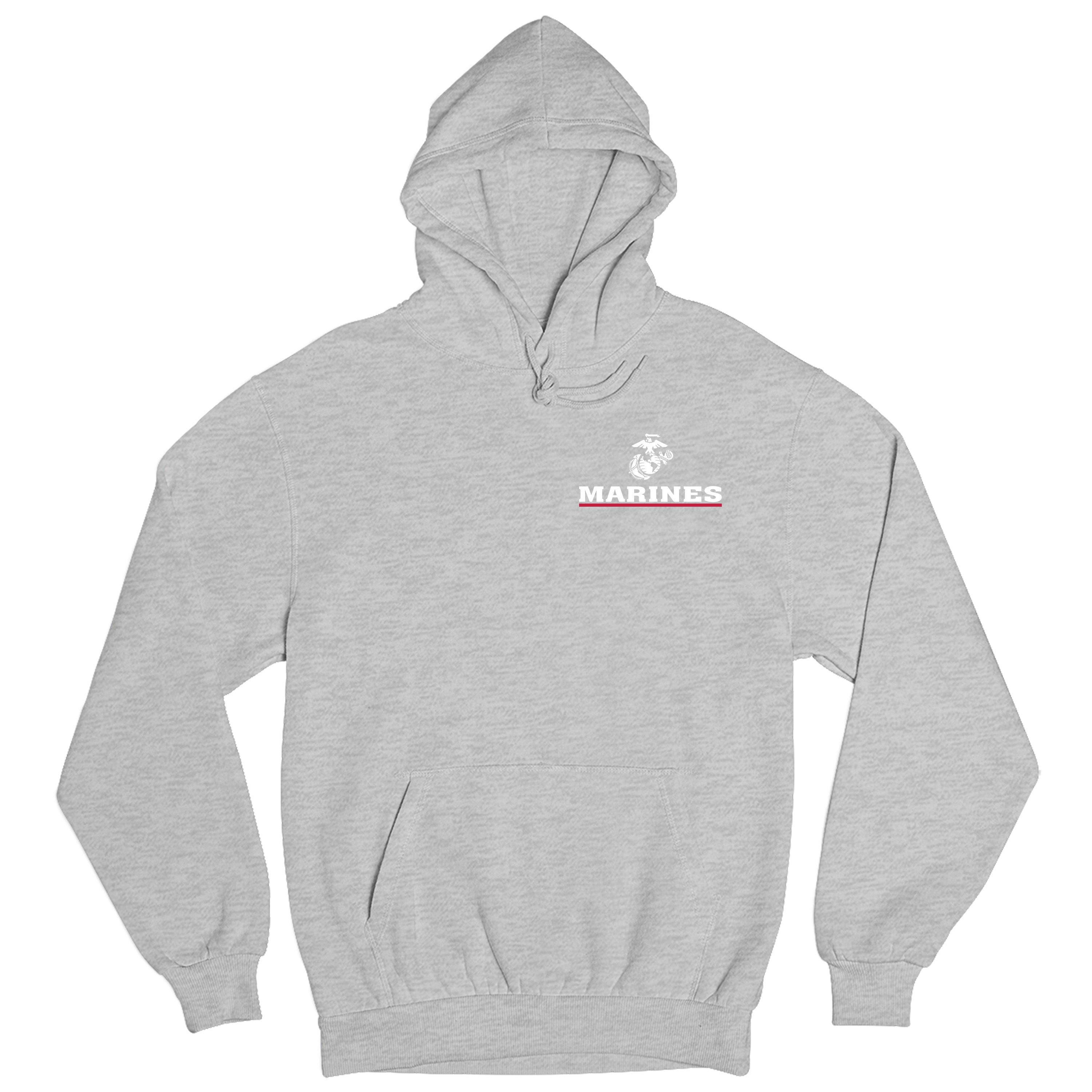 Gray USMC Hoodie with EGA chest seal emblem above bold white 'MARINES' text and a red underline, minimalist Marine Corps design.
