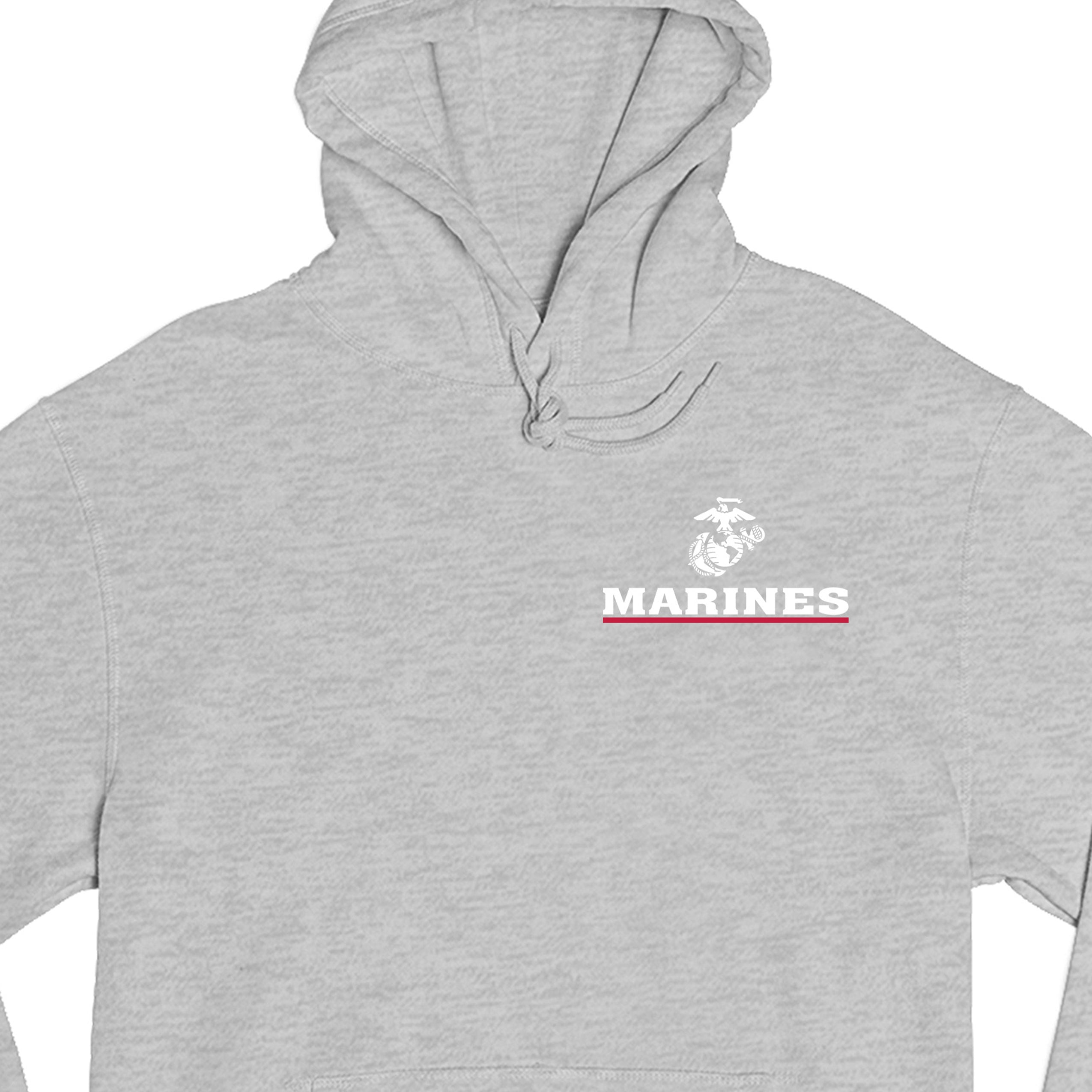 Gray USMC Hoodie with EGA chest seal emblem above bold white 'MARINES' text and a red underline, minimalist Marine Corps design.