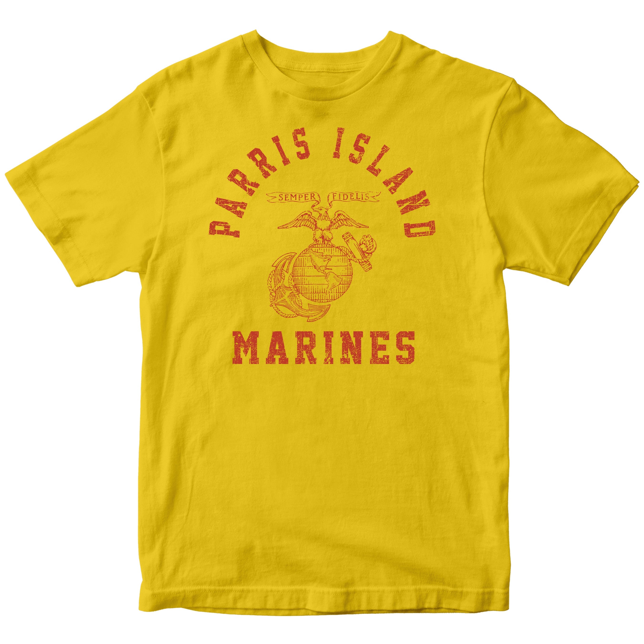 USMC Gold t-shirt with distressed red print featuring 'Parris Island' arched above the Eagle, Globe, and Anchor emblem, and 'Marines' text below—designed in the style of vintage Marine Corps training shirts from MCRD Parris Island.