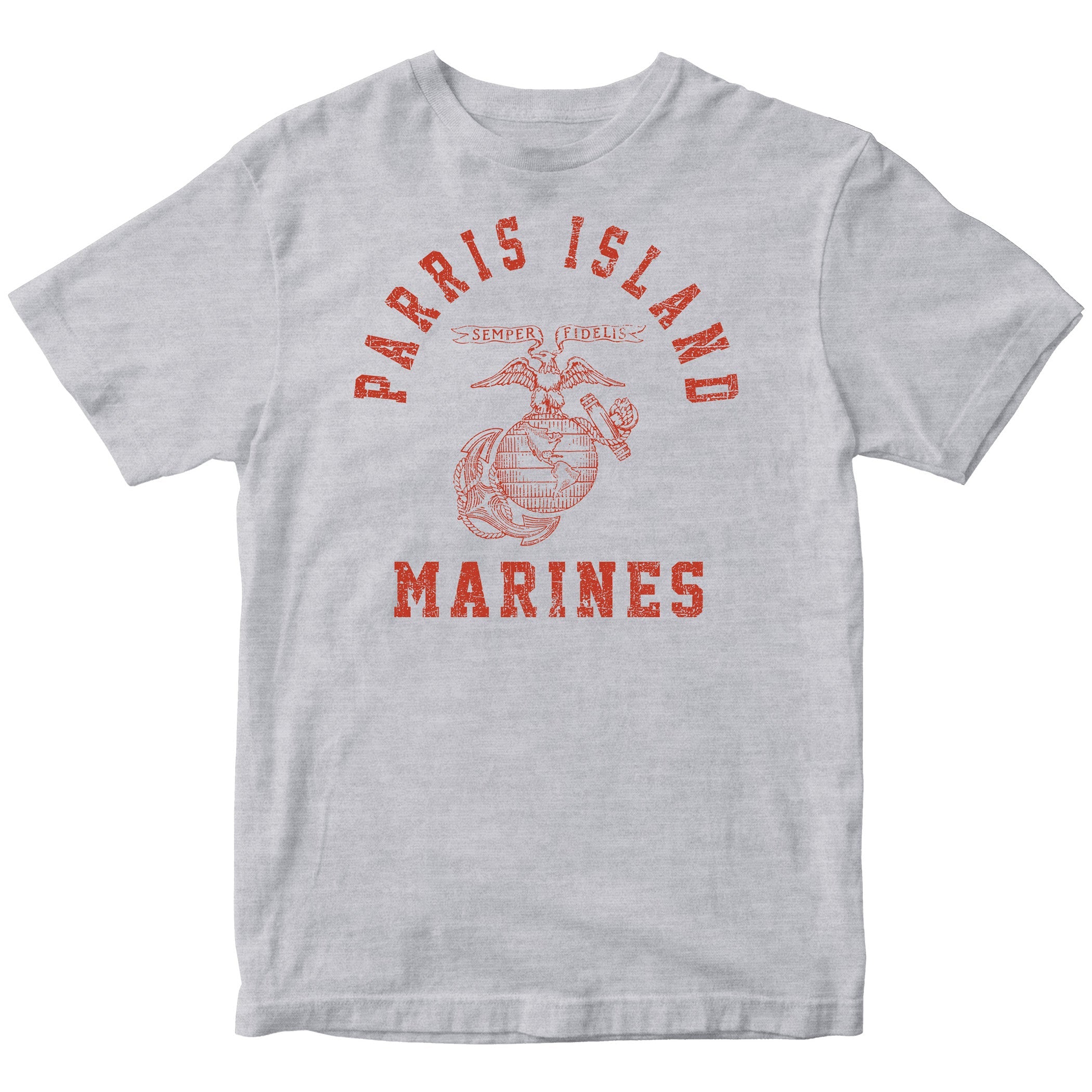 USMC Gray t-shirt with distressed red print featuring 'Parris Island' arched above the Eagle, Globe, and Anchor emblem, and 'Marines' text below—designed in the style of vintage Marine Corps training shirts from MCRD Parris Island.