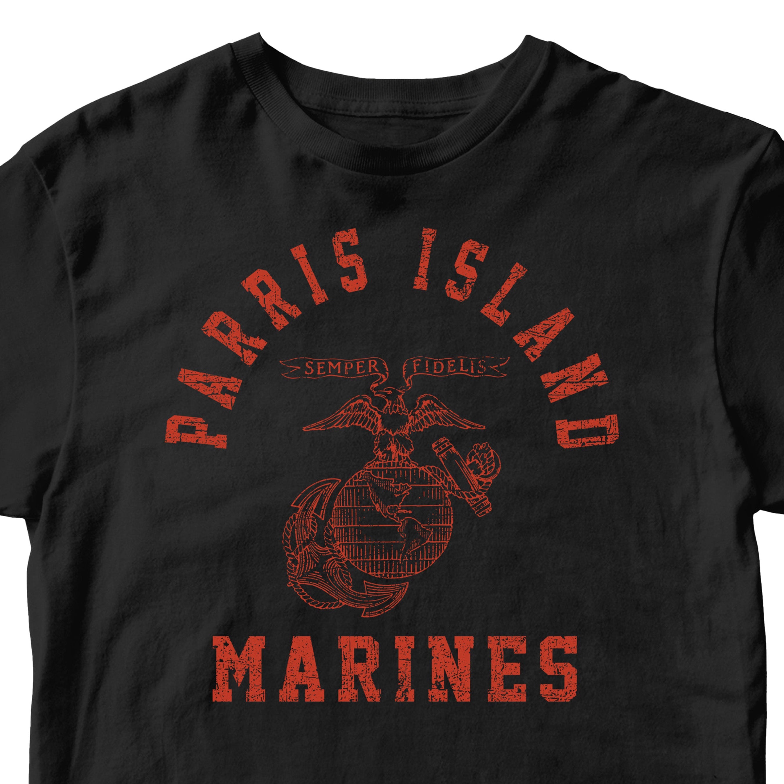 USMC black t-shirt with distressed red print featuring 'Parris Island' arched above the Eagle, Globe, and Anchor emblem, and 'Marines' text below—designed in the style of vintage Marine Corps training shirts from MCRD Parris Island.