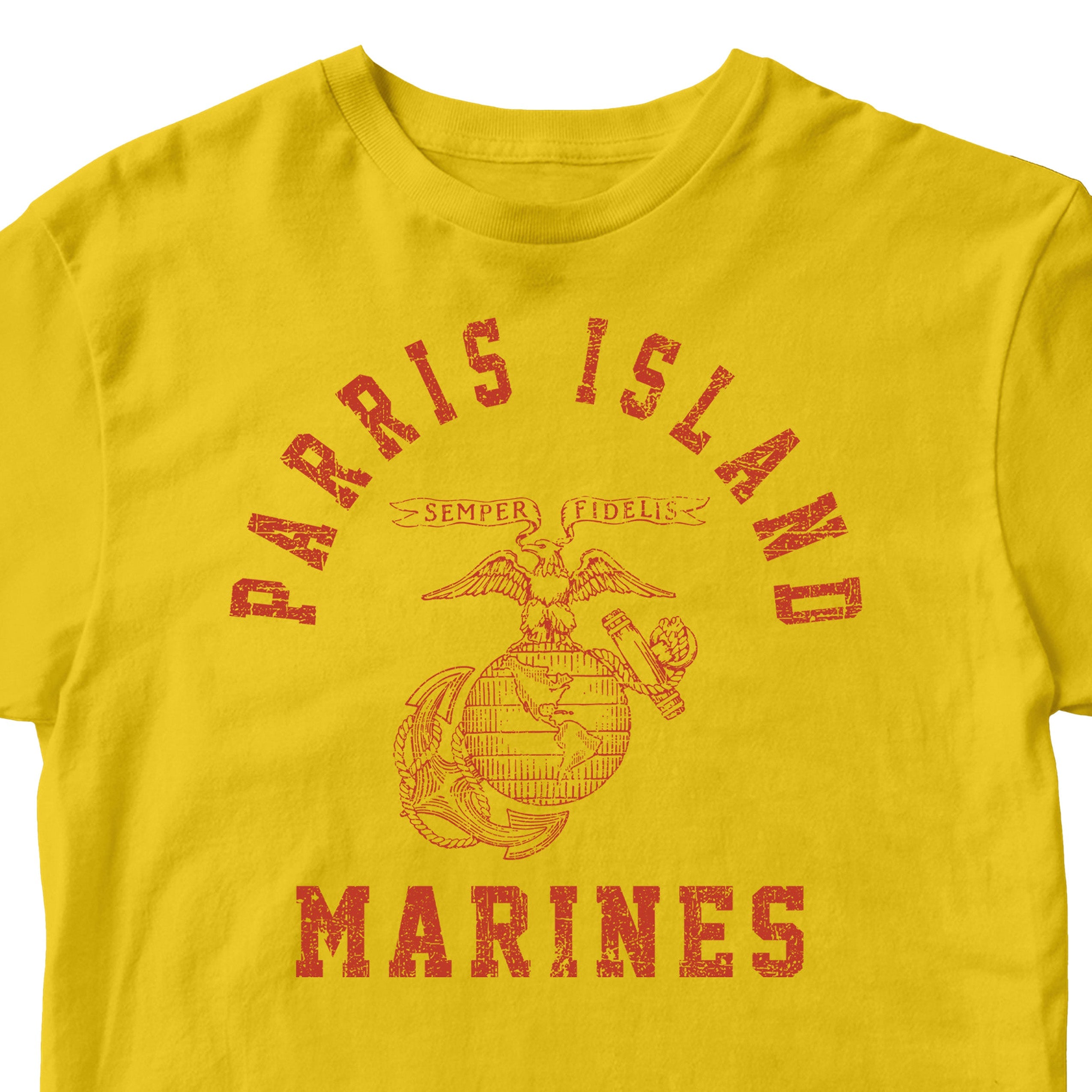 USMC Gold t-shirt with distressed red print featuring 'Parris Island' arched above the Eagle, Globe, and Anchor emblem, and 'Marines' text below—designed in the style of vintage Marine Corps training shirts from MCRD Parris Island.