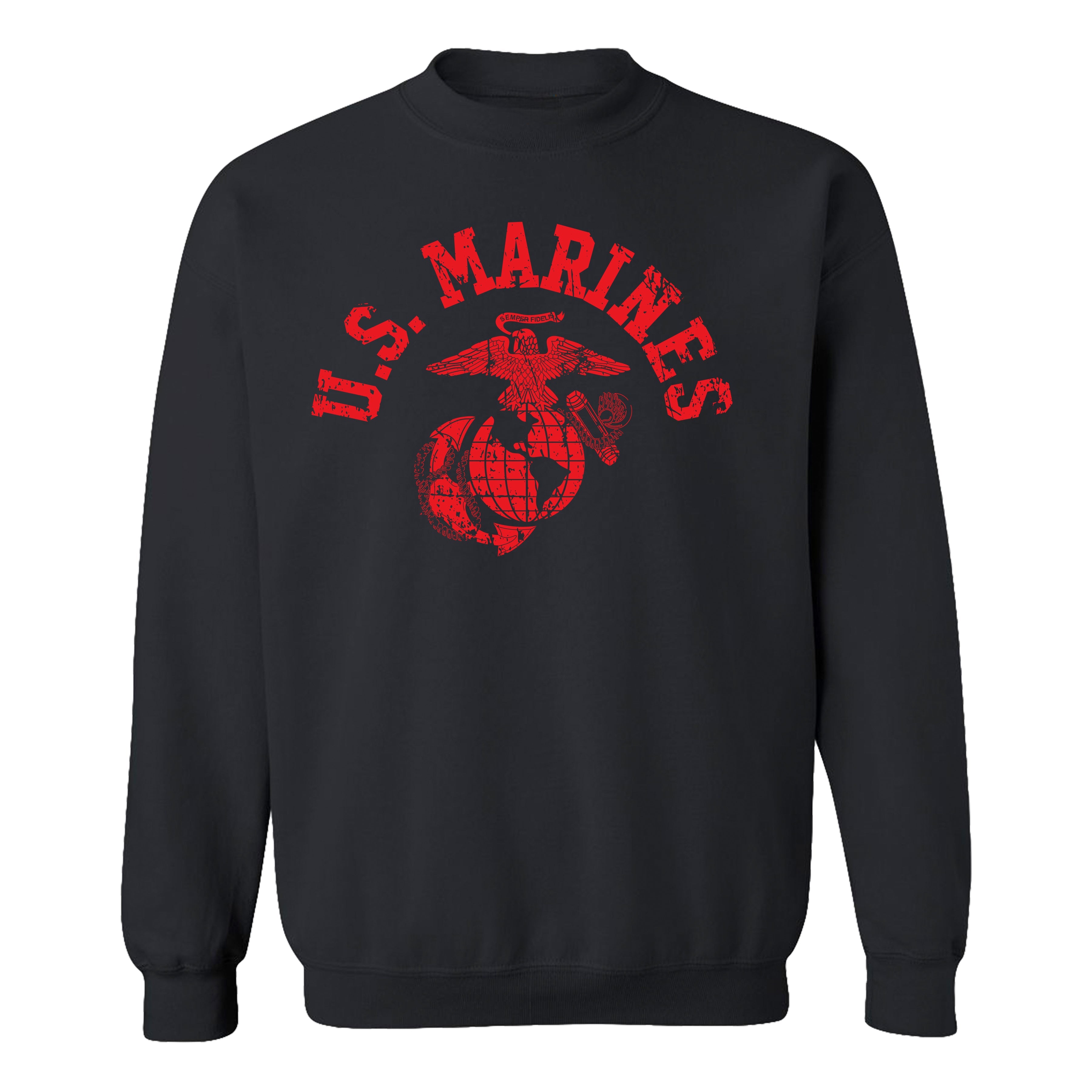 Men’s USMC sweatshirt with bold red distressed 'U.S. MARINES' text and Eagle, Globe, and Anchor emblem on chest, vintage crewneck.