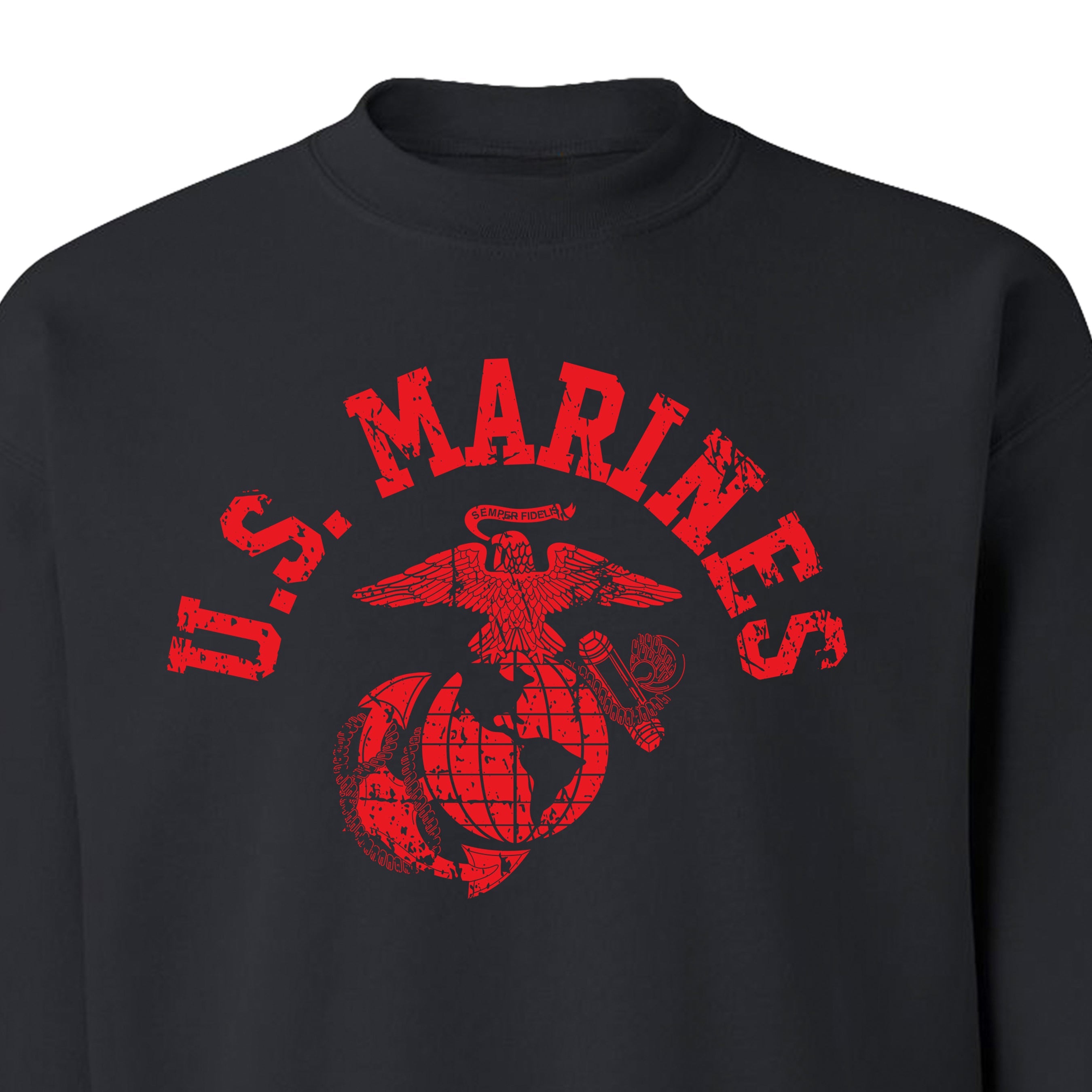 Men’s USMC sweatshirt with bold red distressed 'U.S. MARINES' text and Eagle, Globe, and Anchor emblem on chest, vintage crewneck