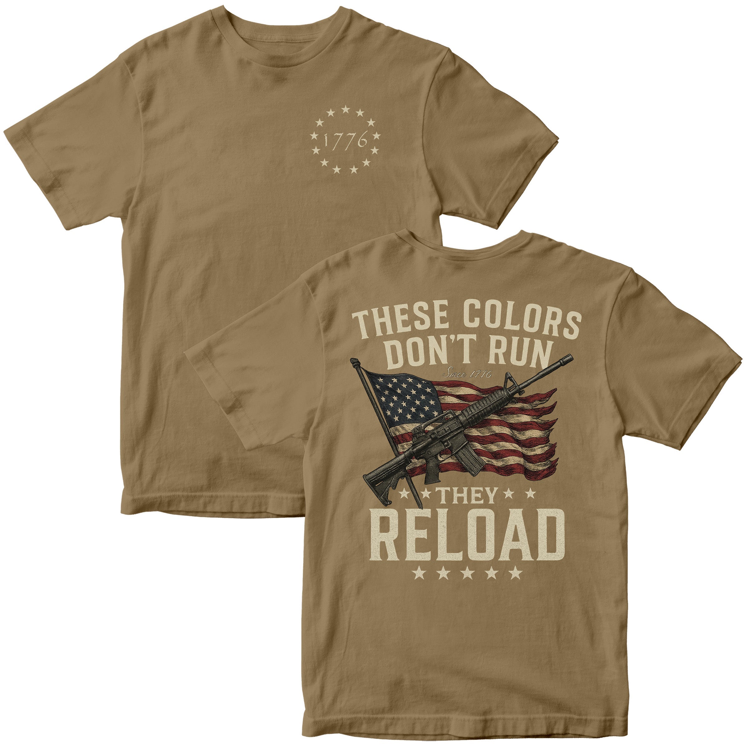 Brown Patriotic tee with distressed American flag and rifle graphic, slogan These Colors Don’t Run They Reload
