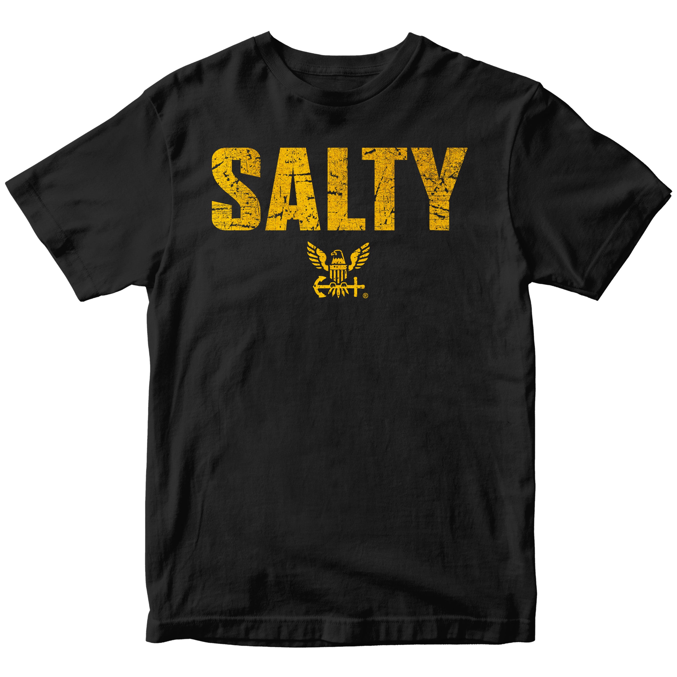 Black U.S. Navy Salty Tee with distressed gold SALTY lettering and Navy eagle emblem